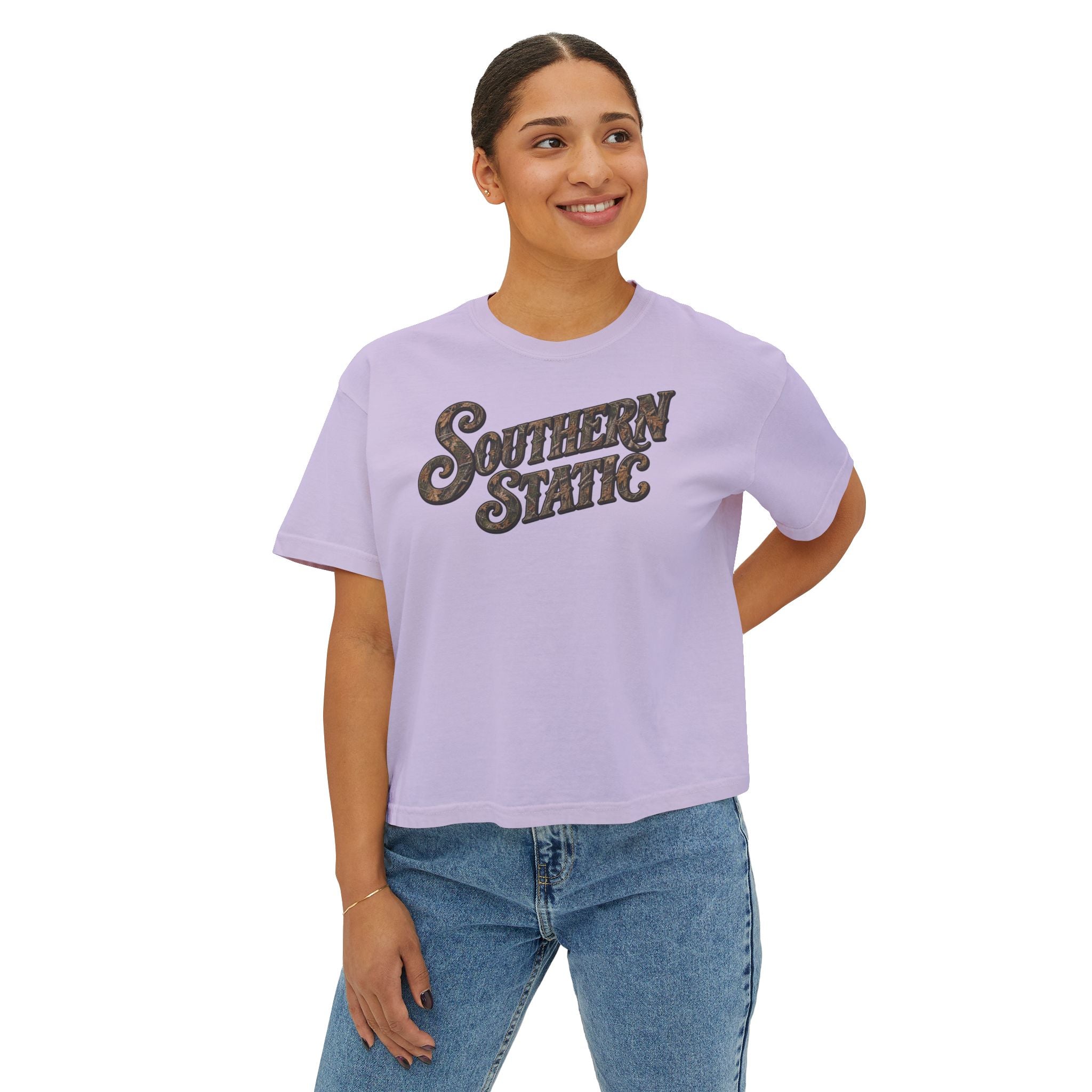 Southern Static Women's Boxy Tee – Retro Camo Script Logo