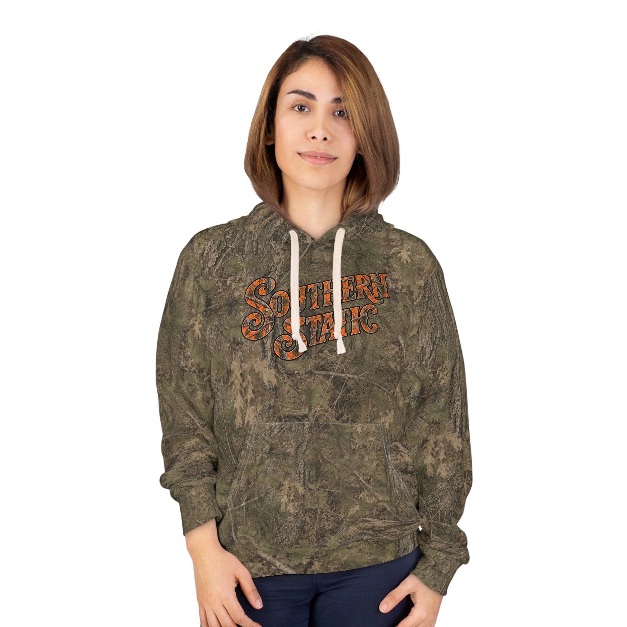 Camo “Southern Static” Pullover Hoodie — Retro Orange logo Hunting Hoodie