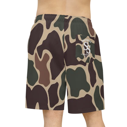 Camo Athletic Long Shorts — Brown Green All-Over Print Workout Shorts