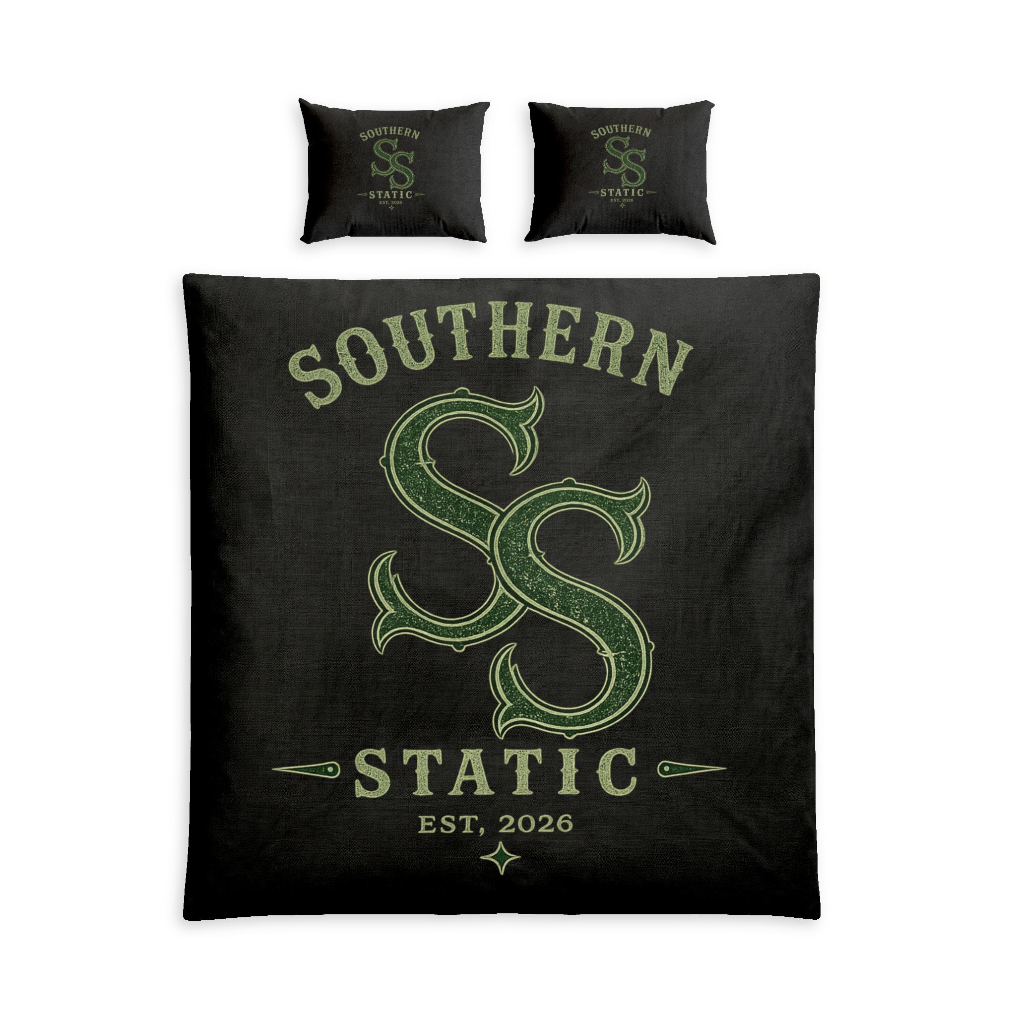 Southern Static Cotton Bed Set – Black Vintage Logo Duvet Cover & Pillowcases