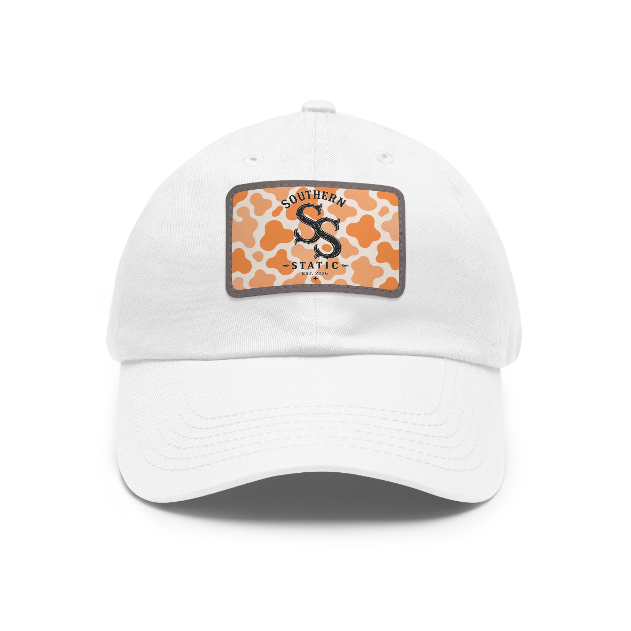 Leather Patch Dad Hat — Southern Static Monogram on Orange Camo