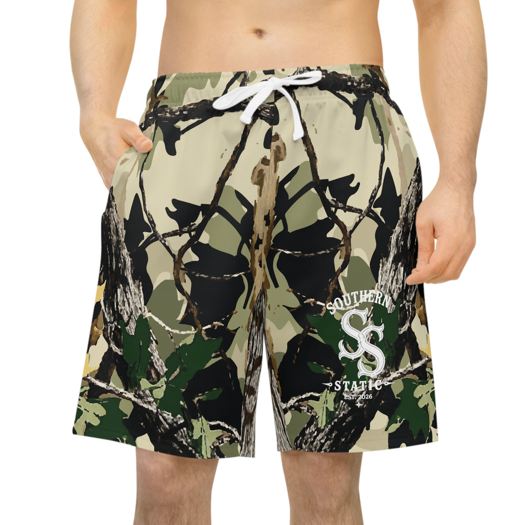 Camo Hunting Athletic Shorts — Realtree Woodland Print Long AOP