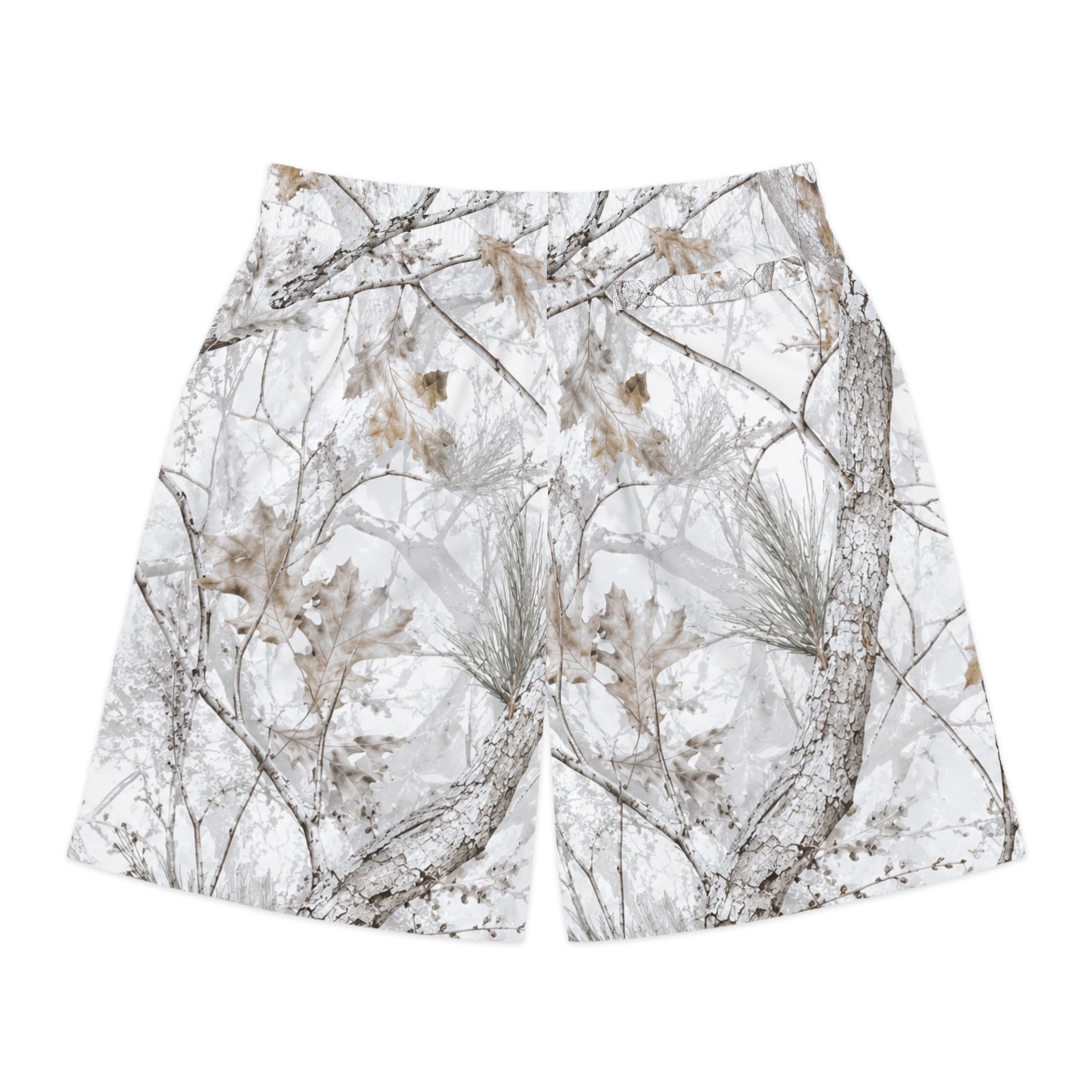 Winter Snow Camo Jogger Shorts — White Forest All-Over Print