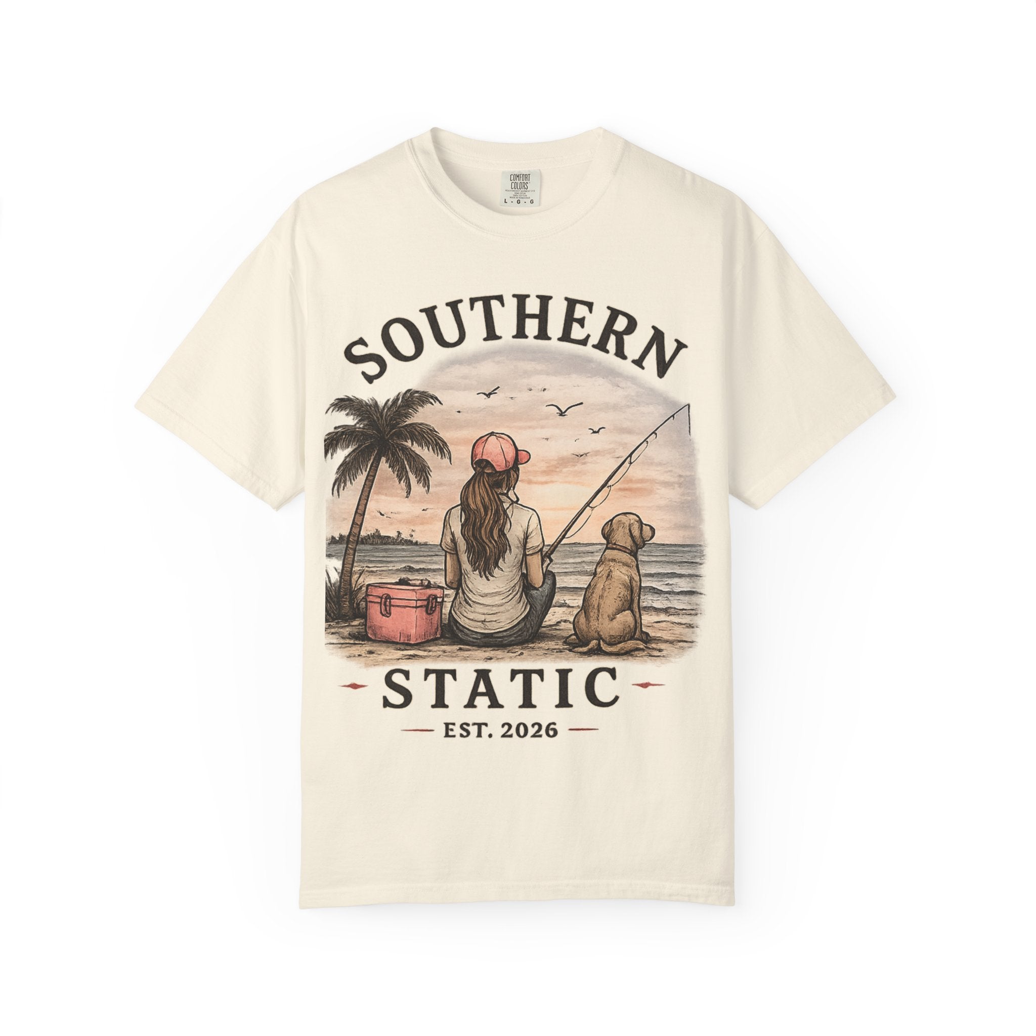 Southern Static Fishing T-Shirt — Woman & Dog Beach Sunset Tee