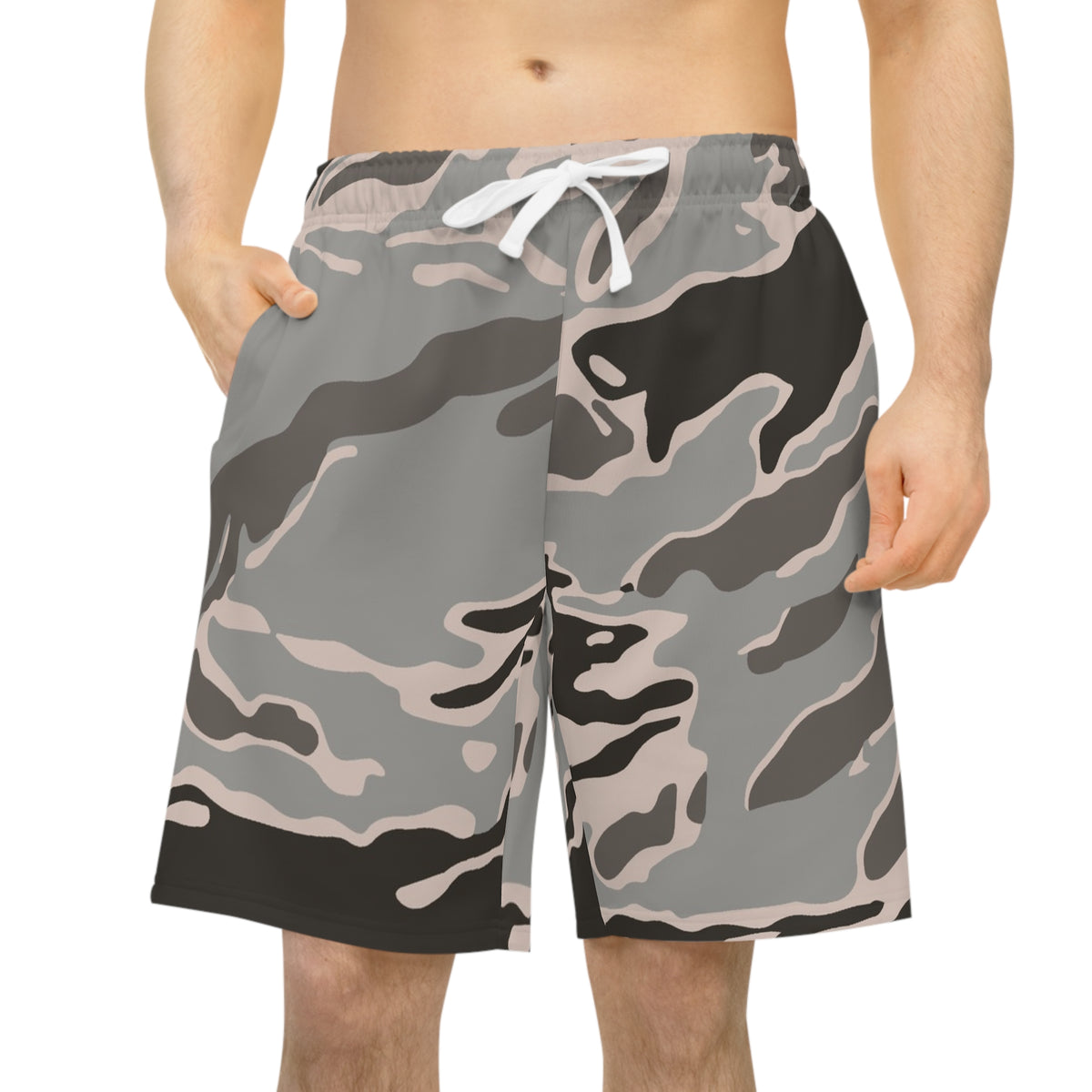 Camo Performance Athletic Shorts — Neutral Tigerstripe All-Over Print