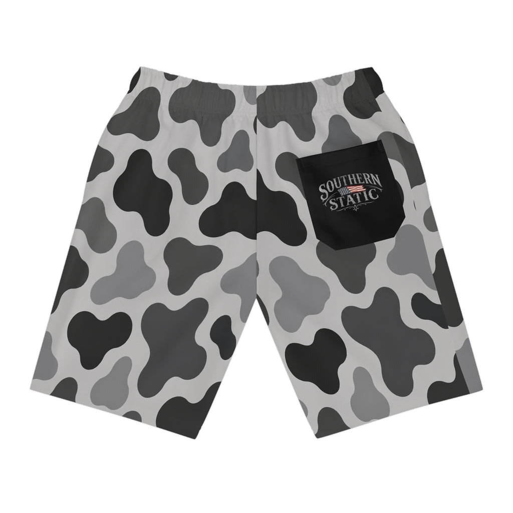 Gray Camouflage Pattern Athletic Long Shorts | Camo Print Shorts