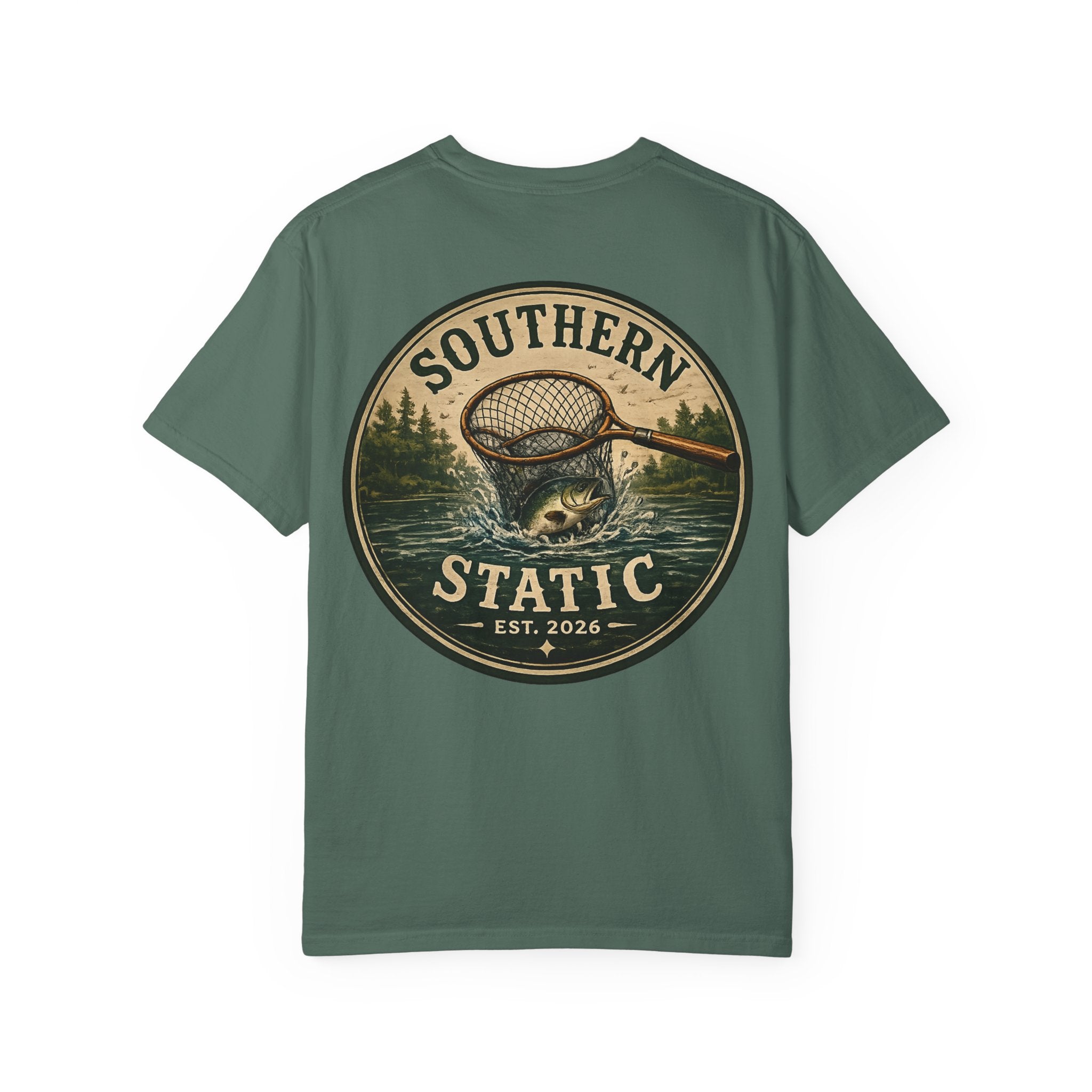 Southern Static Fishing Logo T-Shirt — Vintage Catfish Net Graphic