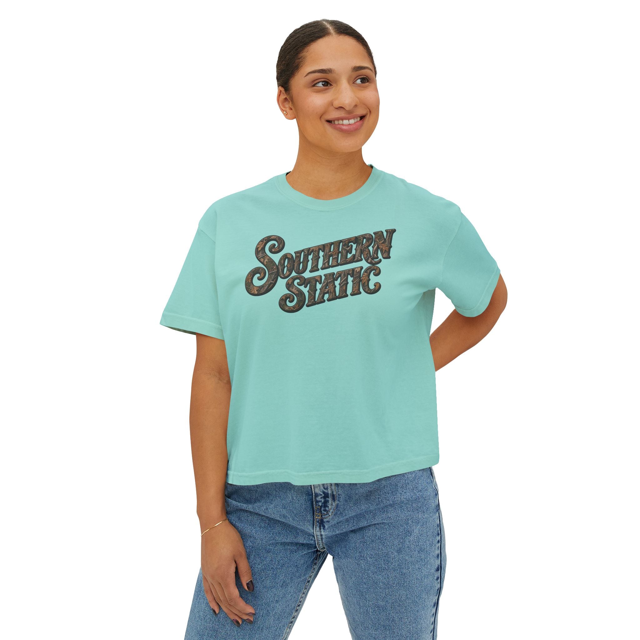 Southern Static Women's Boxy Tee – Retro Camo Script Logo