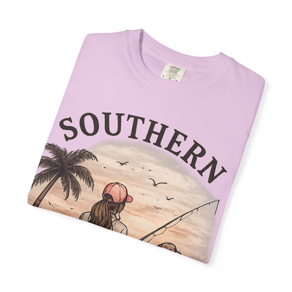 Southern Static Fishing T-Shirt — Woman & Dog Beach Sunset Tee