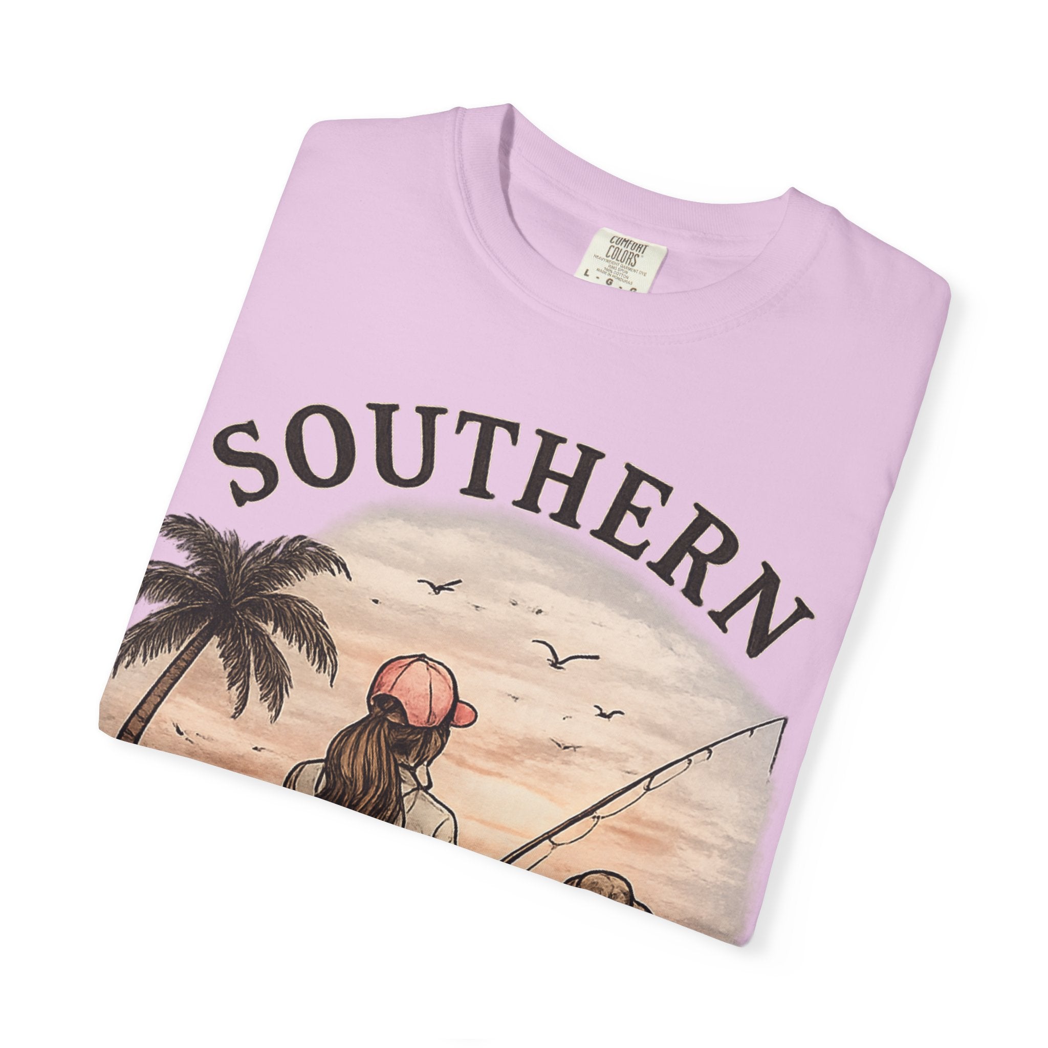 Southern Static Fishing T-Shirt — Woman & Dog Beach Sunset Tee