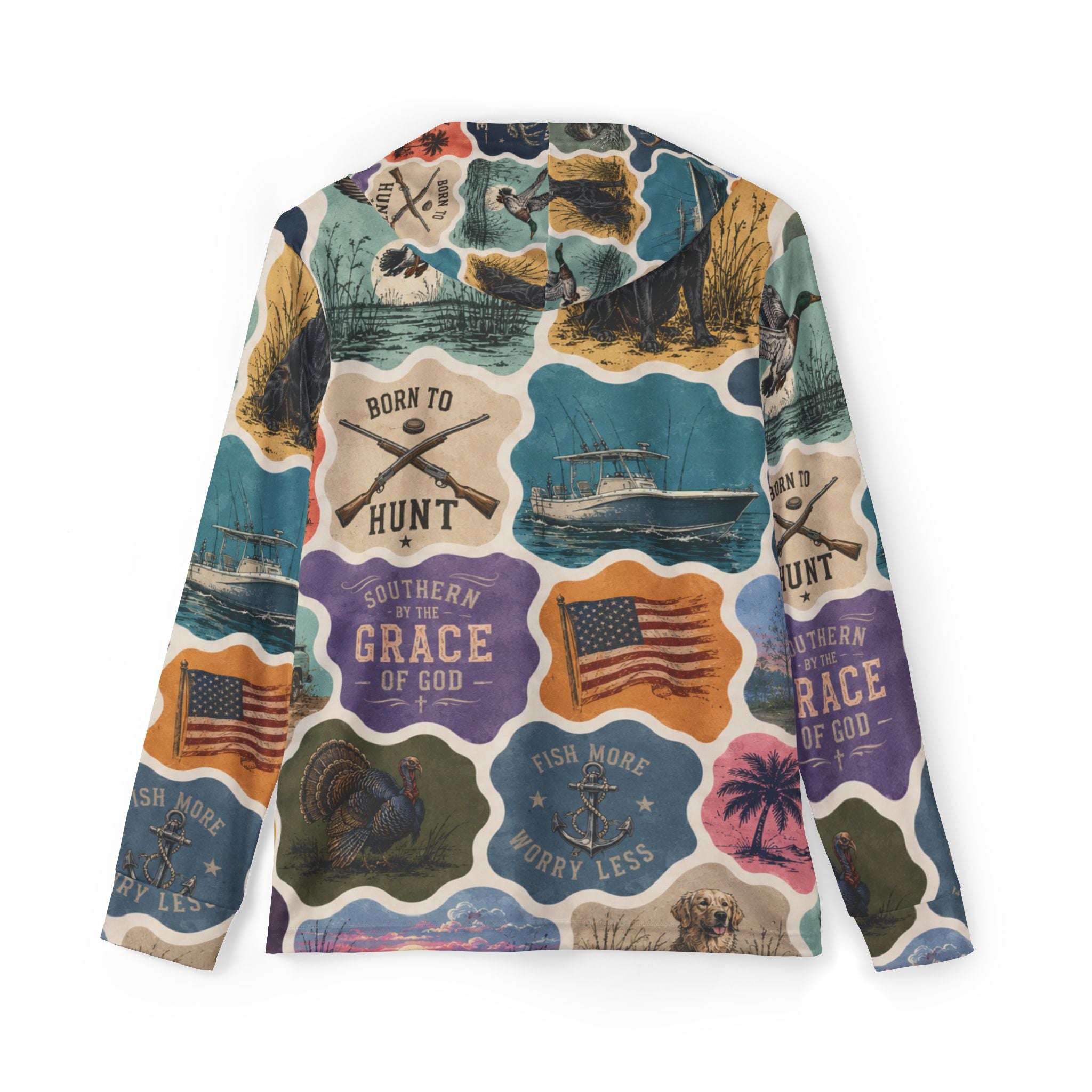 Hoodie - Vintage Outdoor Patchwork All-Over Print "Born to Hunt" Hoodie