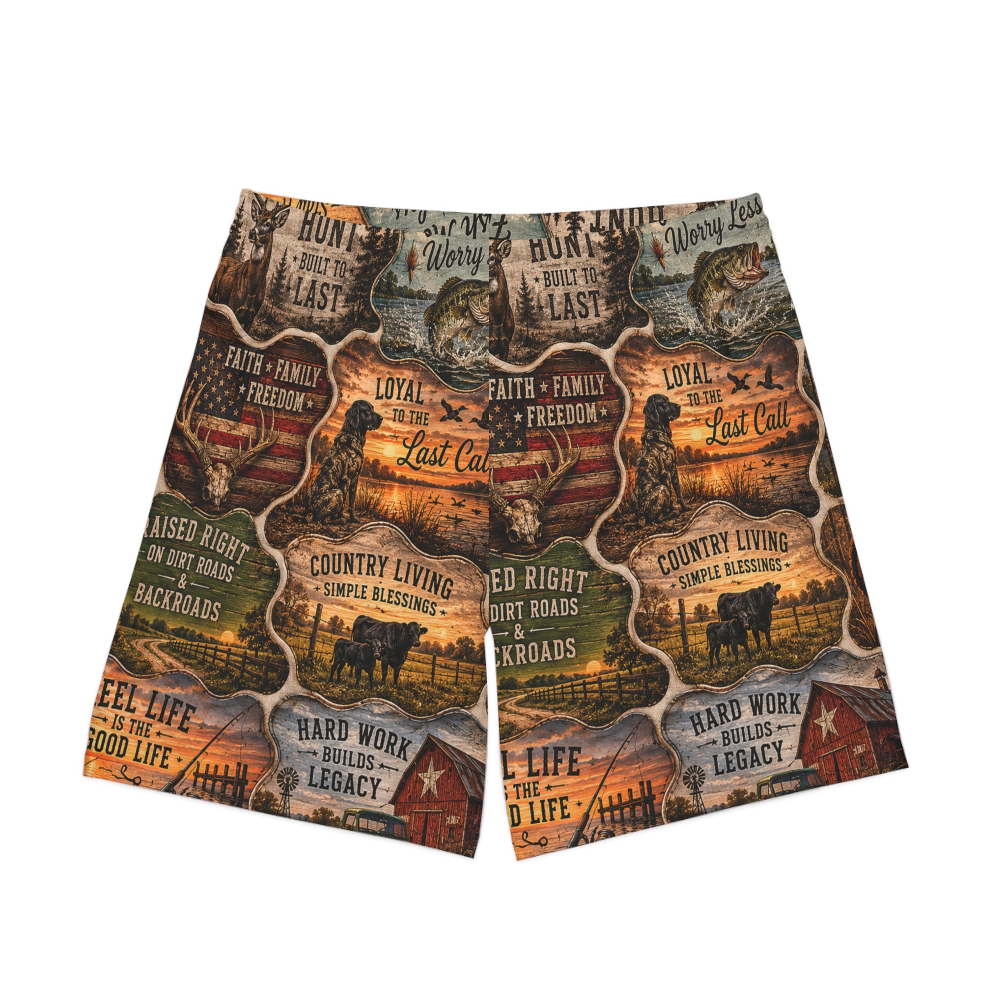 Country Living Men’s Beach Shorts — Vintage Outdoor Patched Graphic