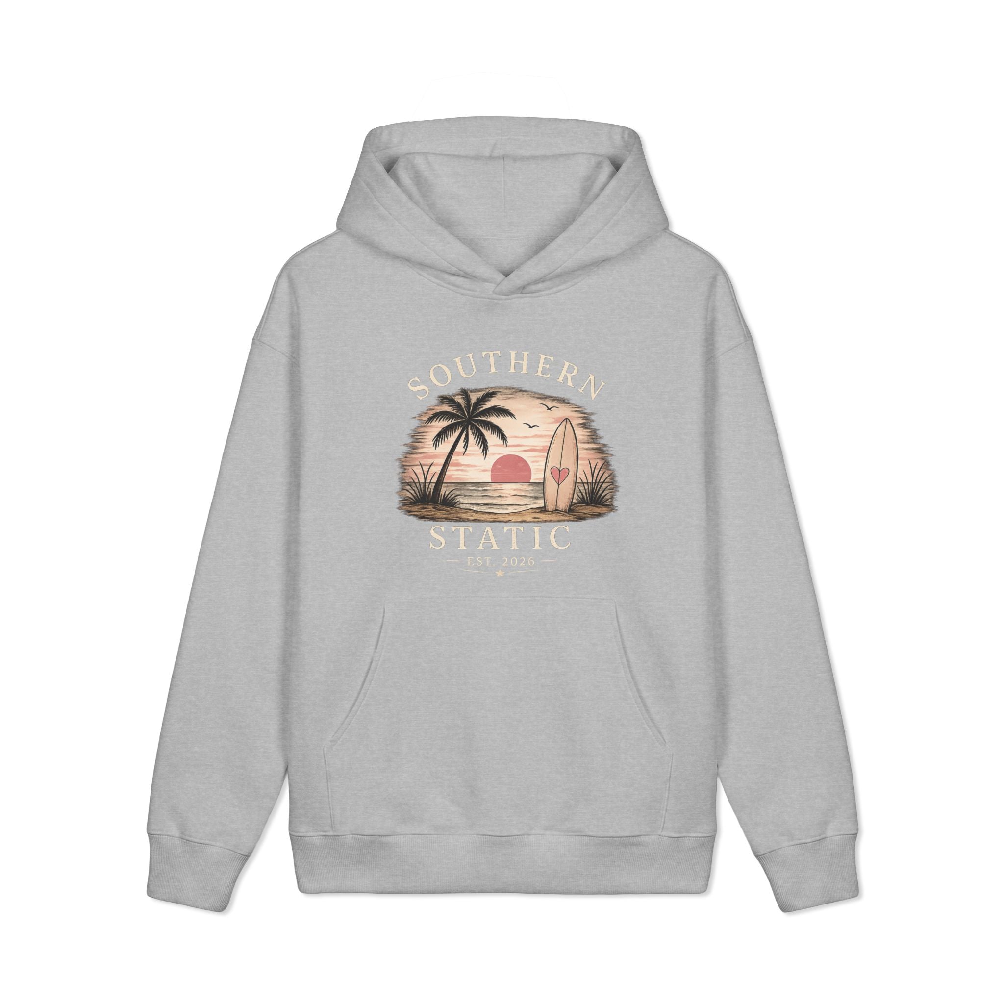 Surf Sunset Hoodie — Vintage Palm Beach Surfboard Graphic