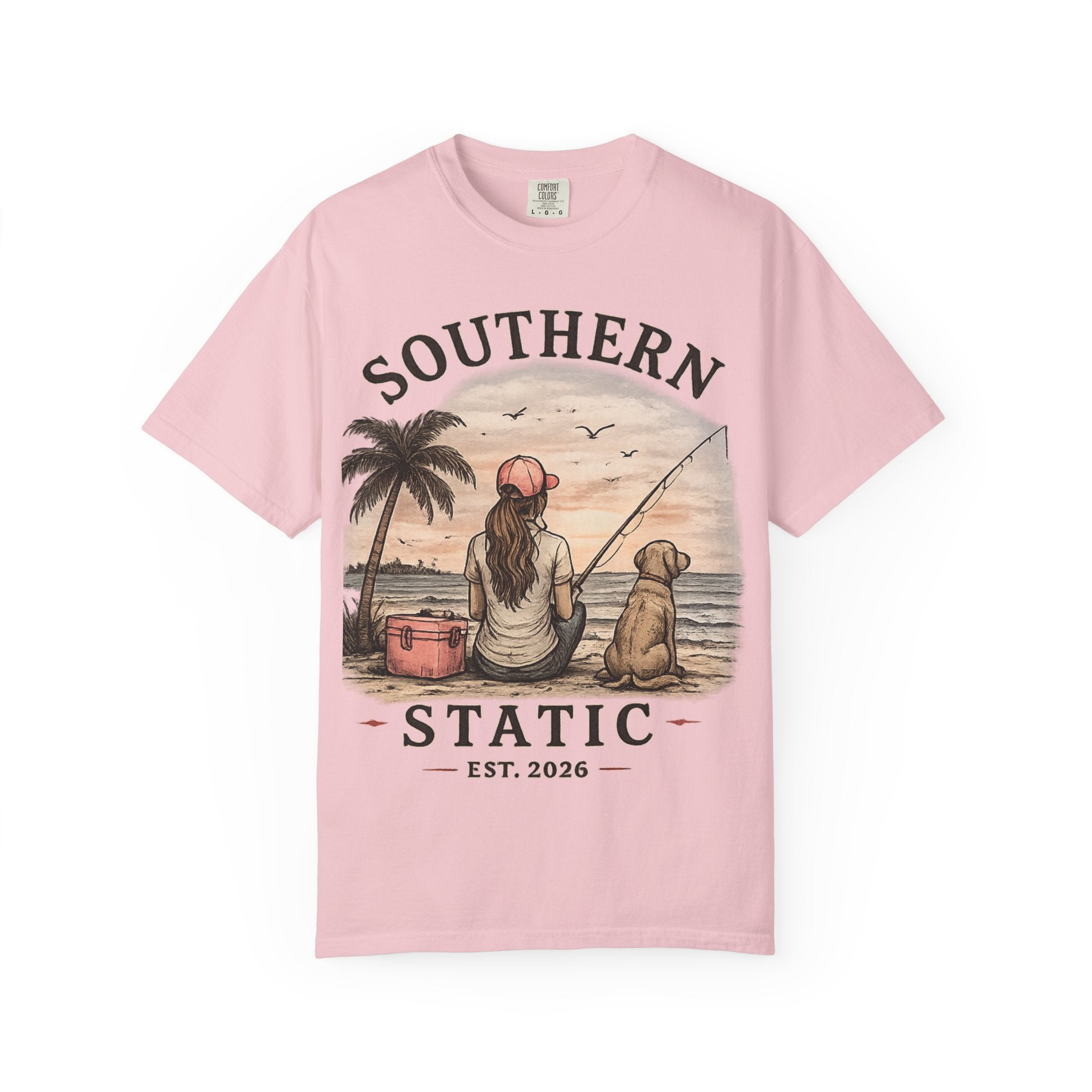 Southern Static Fishing T-Shirt — Woman & Dog Beach Sunset Tee