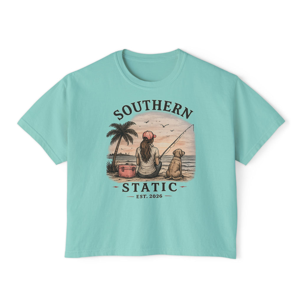 Southern Static Fishing Boxy Tee — Women's Beach Sunset Graphic T-Shirt