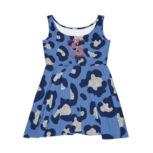 Blue Leopard Print Skater Dress — Women's AOP Casual Dress