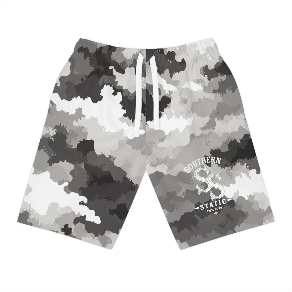 Gray Camo Athletic Long Shorts — Southern Savages Logo