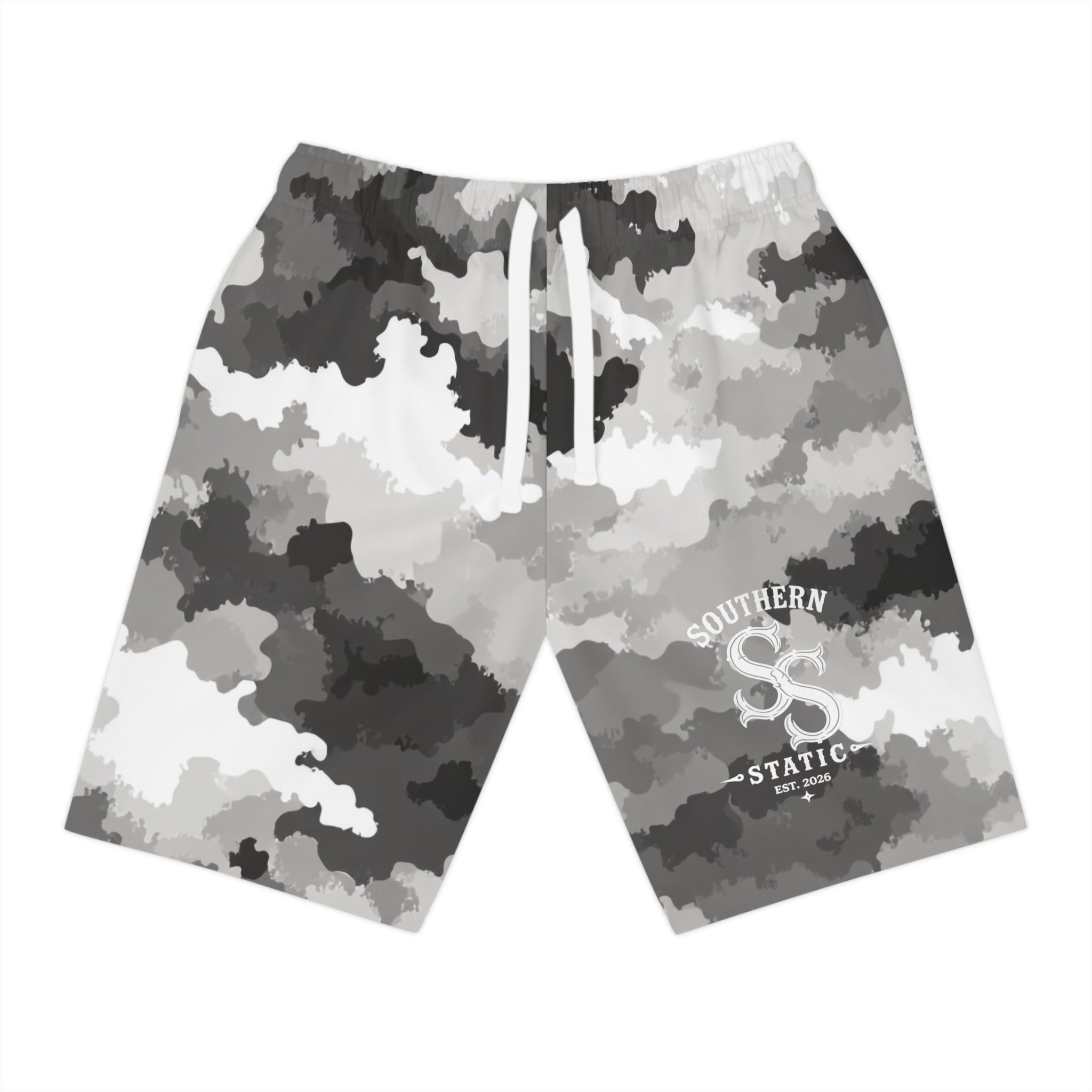 Gray Camo Athletic Long Shorts — Southern Savages Logo
