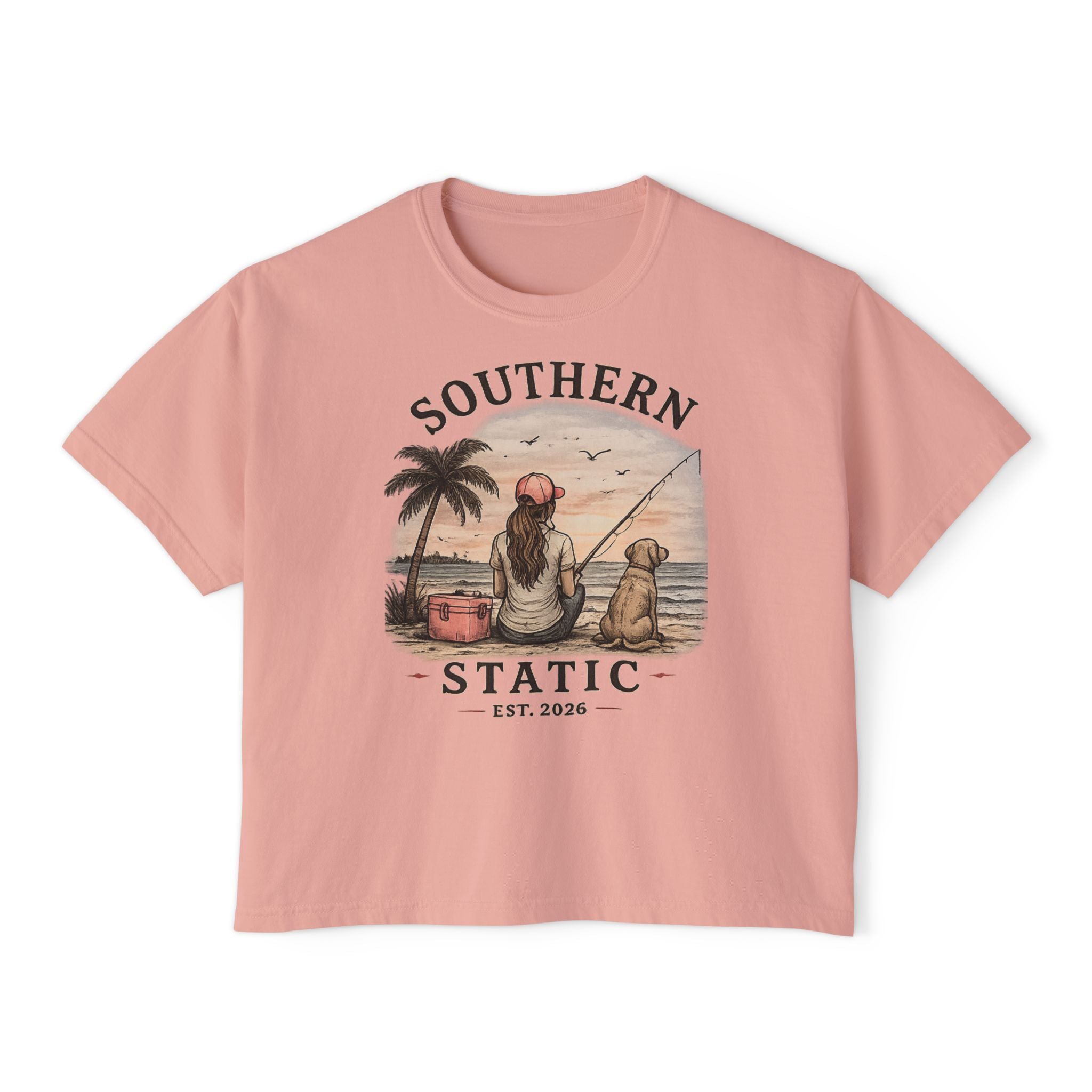 Southern Static Fishing Boxy Tee — Women's Beach Sunset Graphic T-Shirt