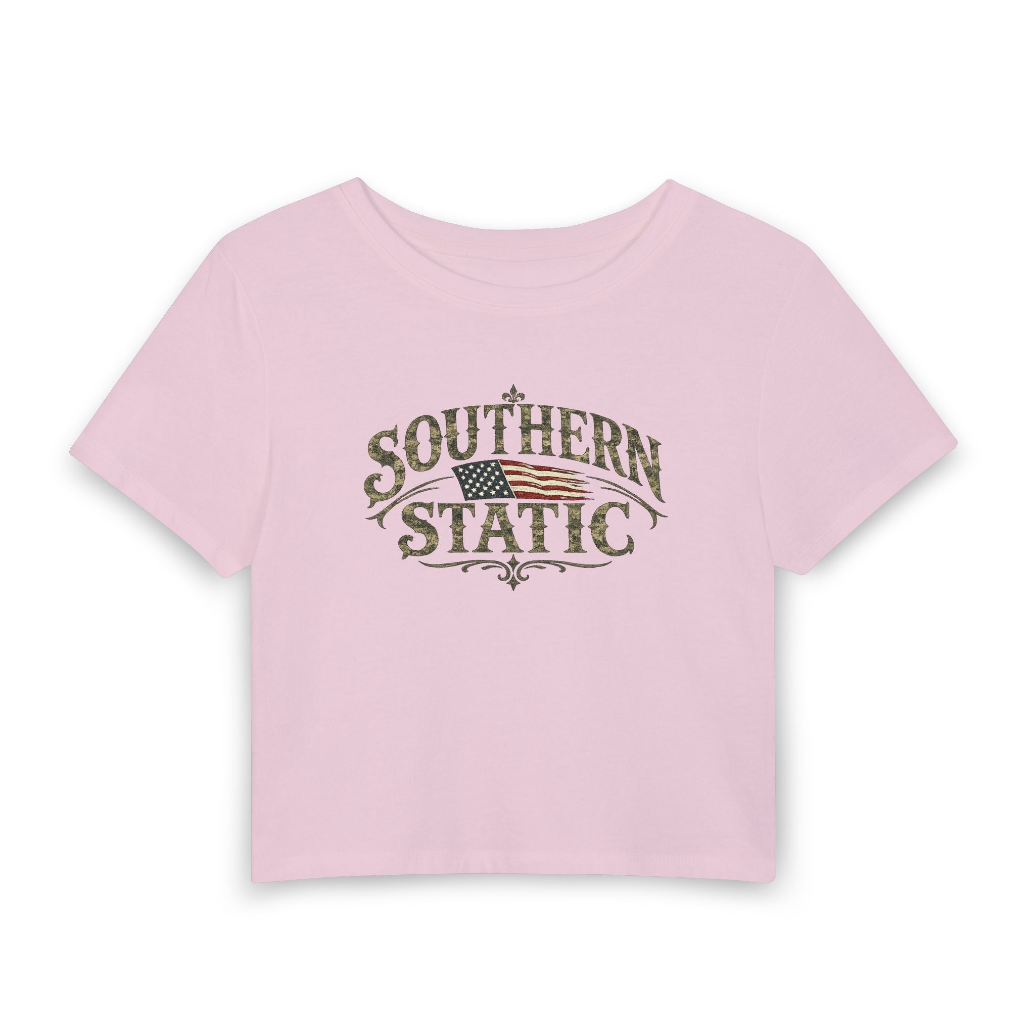 Southern Static Women's Baby Tee — Vintage American Flag Graphic Crop Top