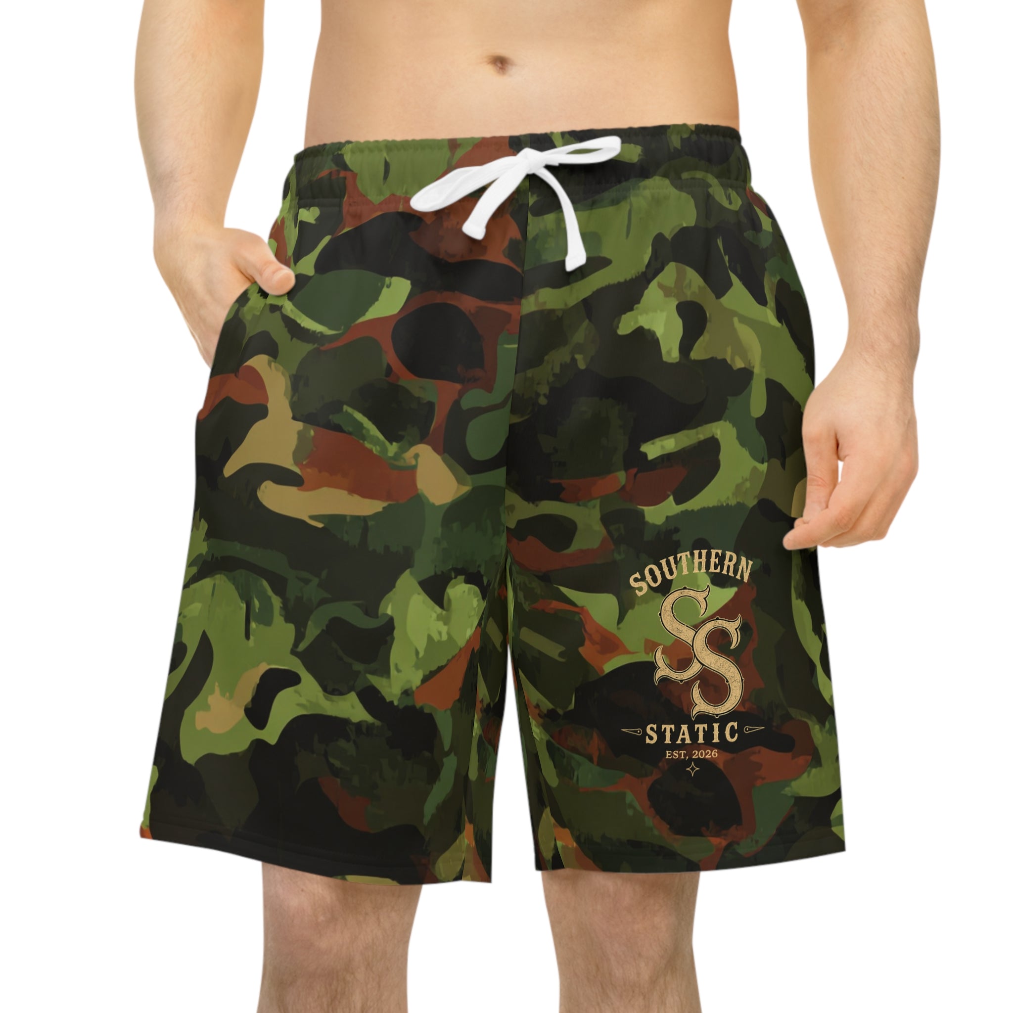 Camo Athletic Long Shorts — Southern Static Logo Performance Drawstring