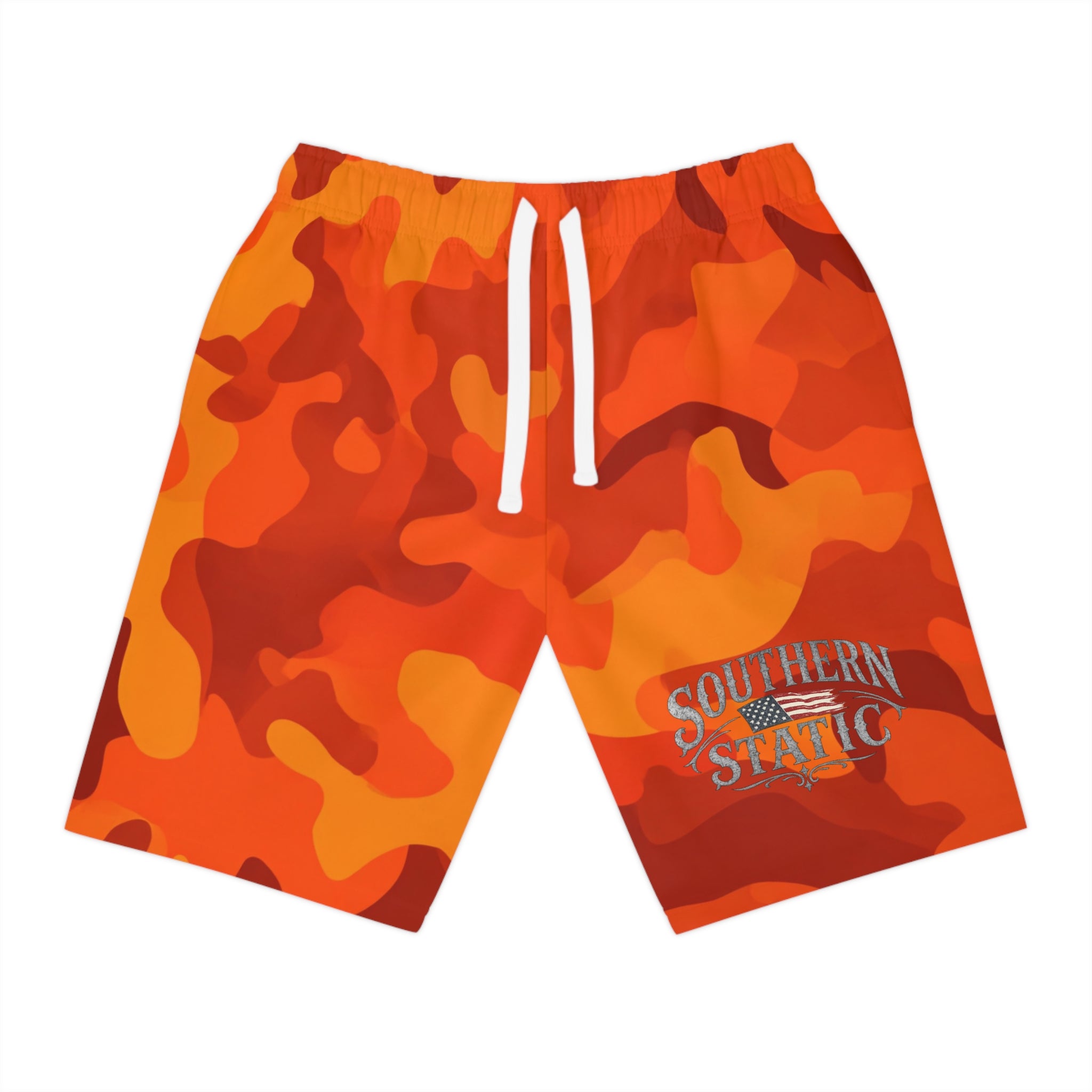 Orange Camo Athletic Long Shorts — Southern Static Logo Performance Beach & Workout Shorts