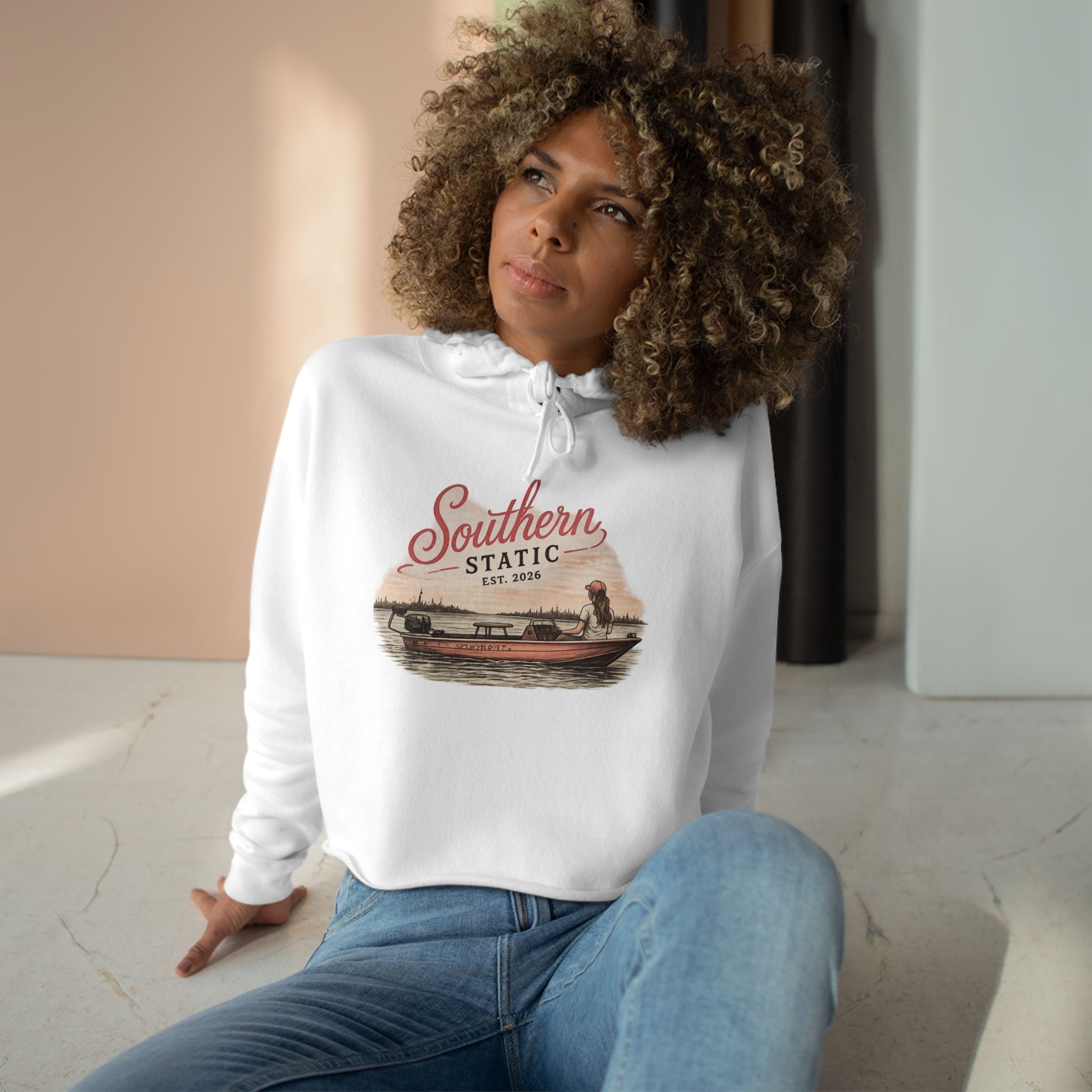 Southern Static Crop Hoodie — Vintage Boat Graphic