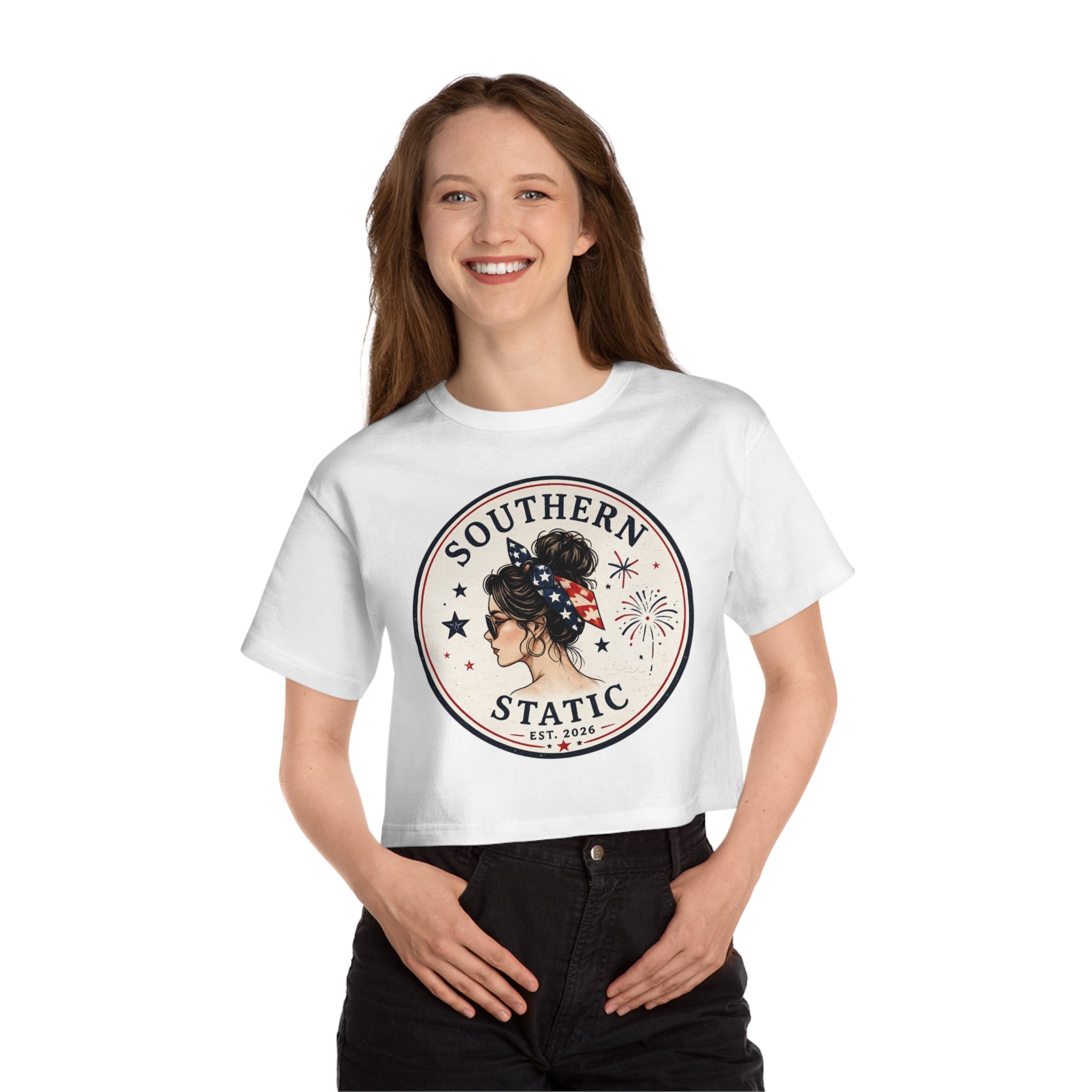 Women’s Southern Static Women's Cropped Tee — Patriotic Messy Bun Graphic