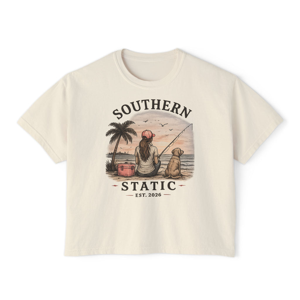 Southern Static Fishing Boxy Tee — Women's Beach Sunset Graphic T-Shirt