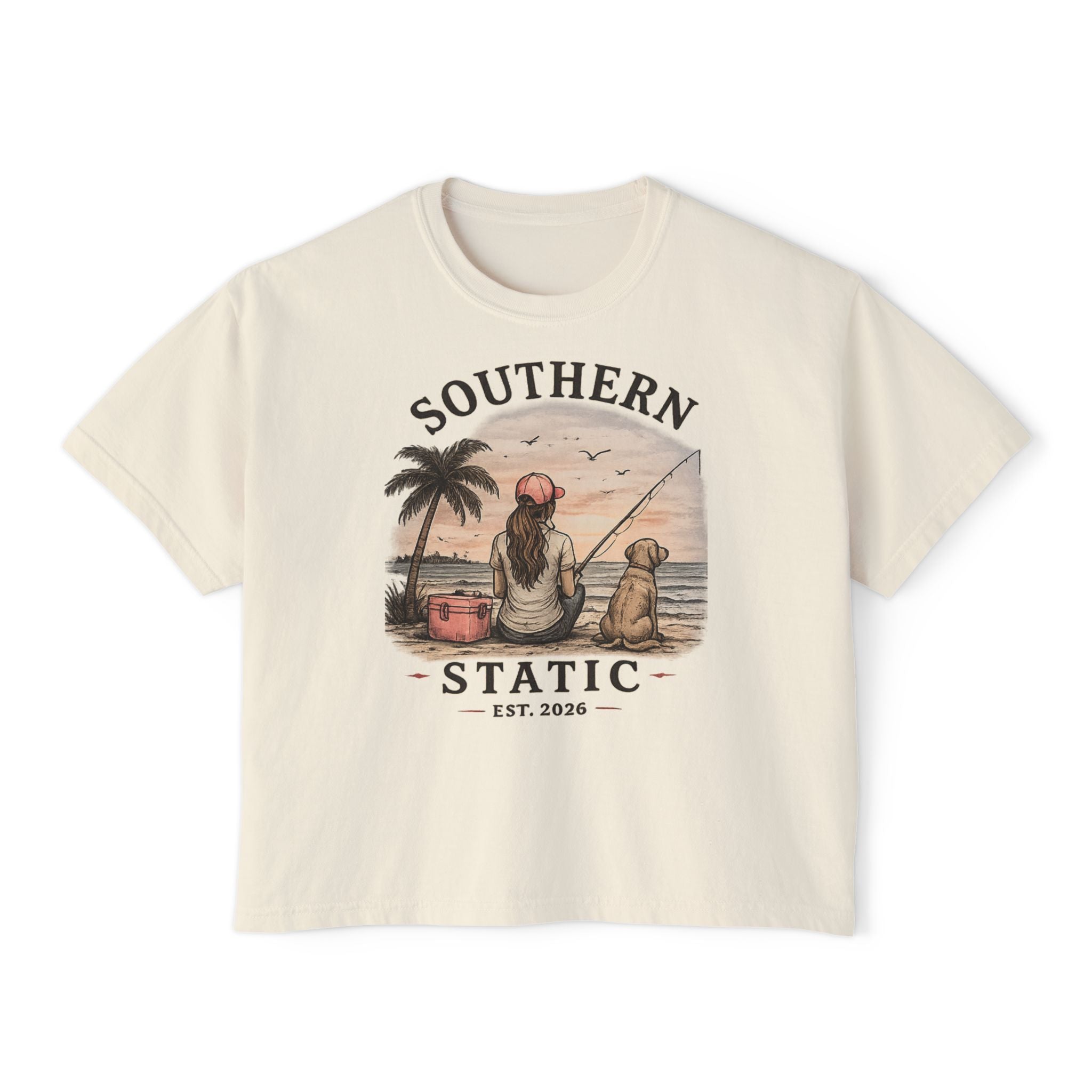 Southern Static Fishing Boxy Tee — Women's Beach Sunset Graphic T-Shirt