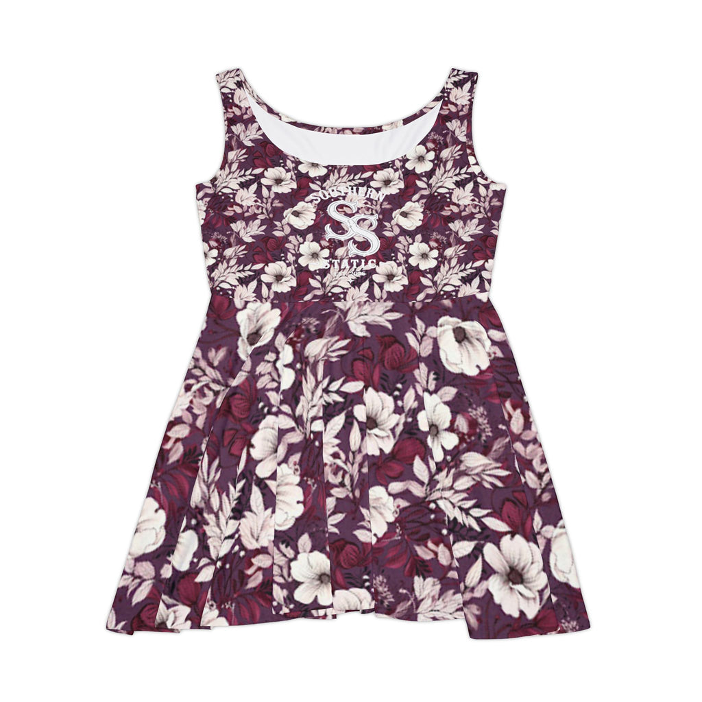 Floral Plum Skater Dress — Vintage White Hibiscus Print