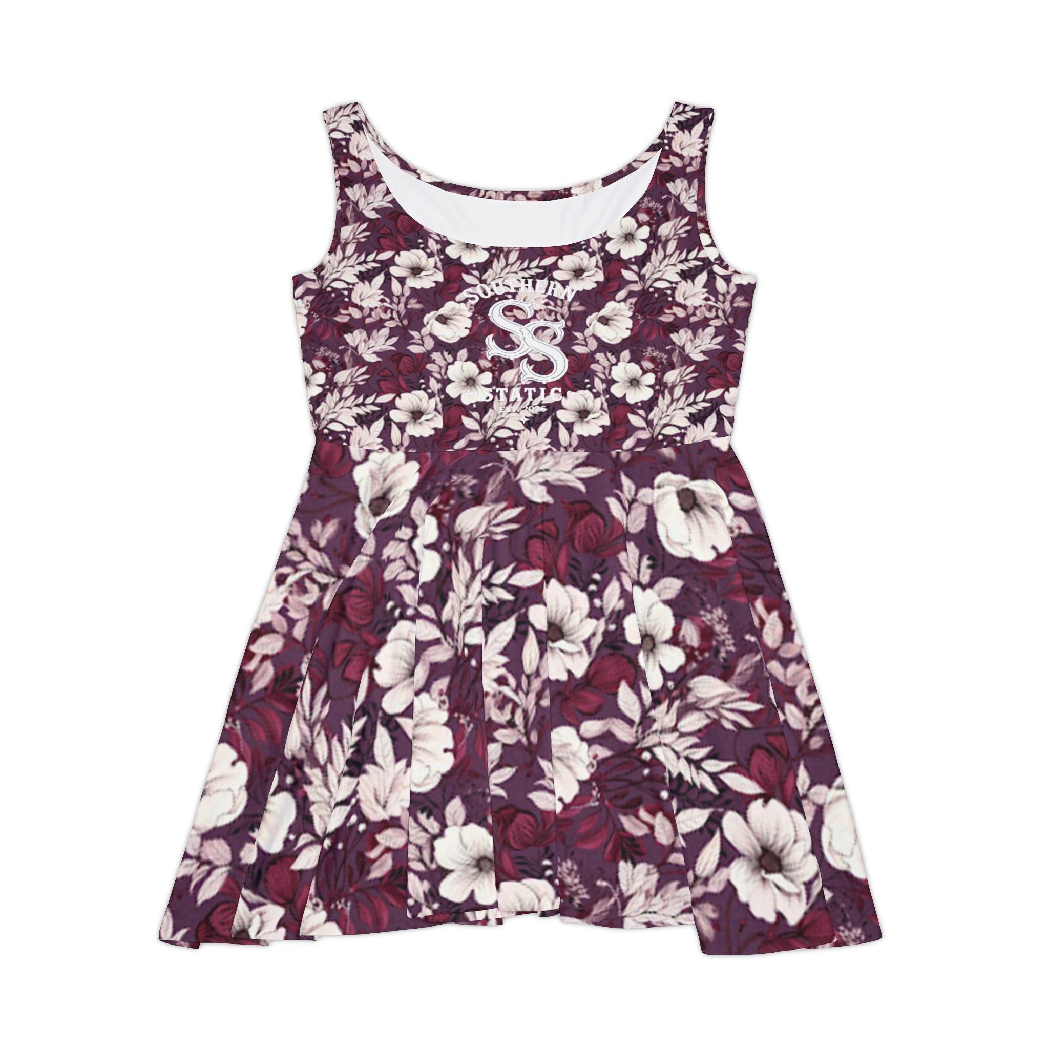 Floral Plum Skater Dress — Vintage White Hibiscus Print