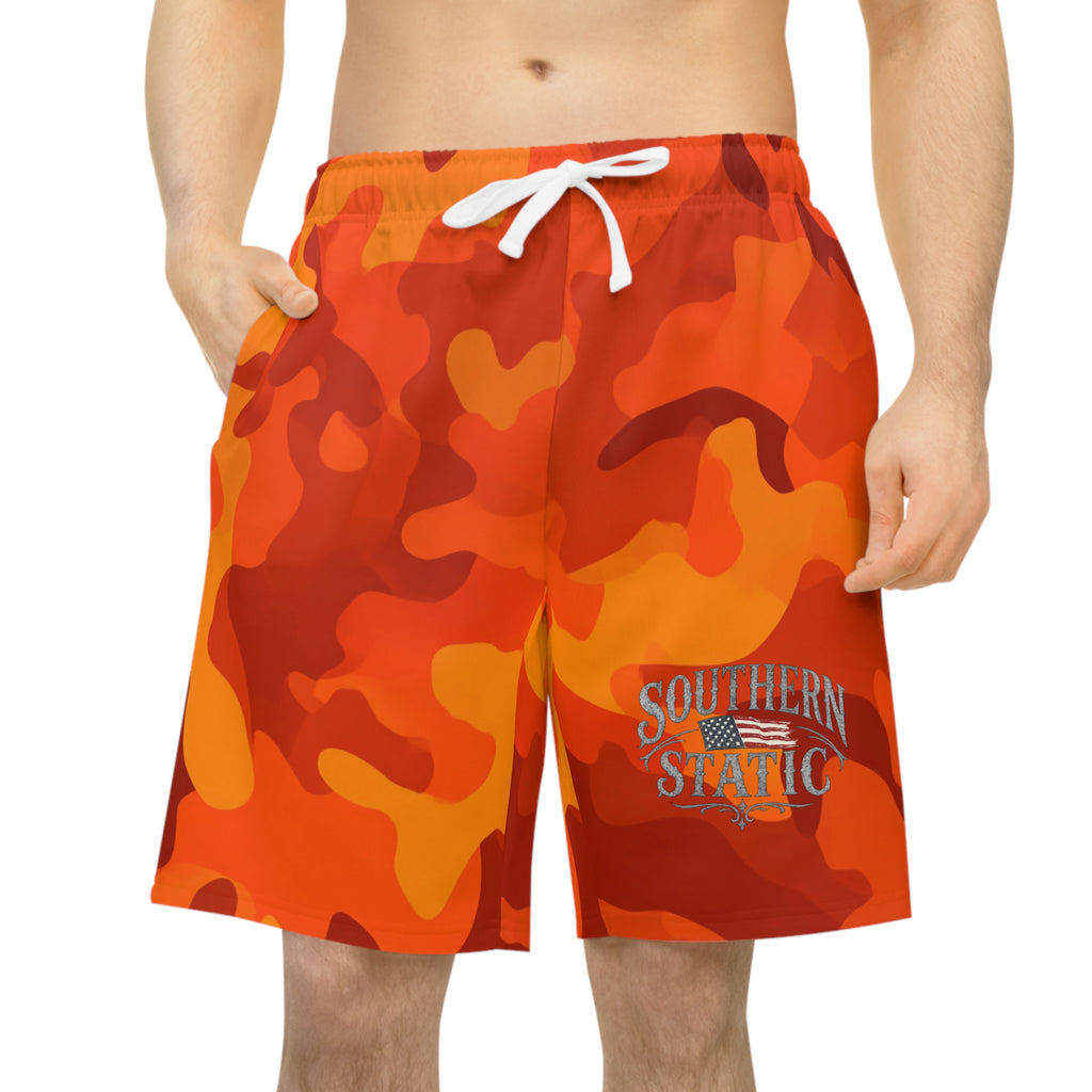 Orange Camo Athletic Long Shorts — Southern Static Logo Performance Beach & Workout Shorts