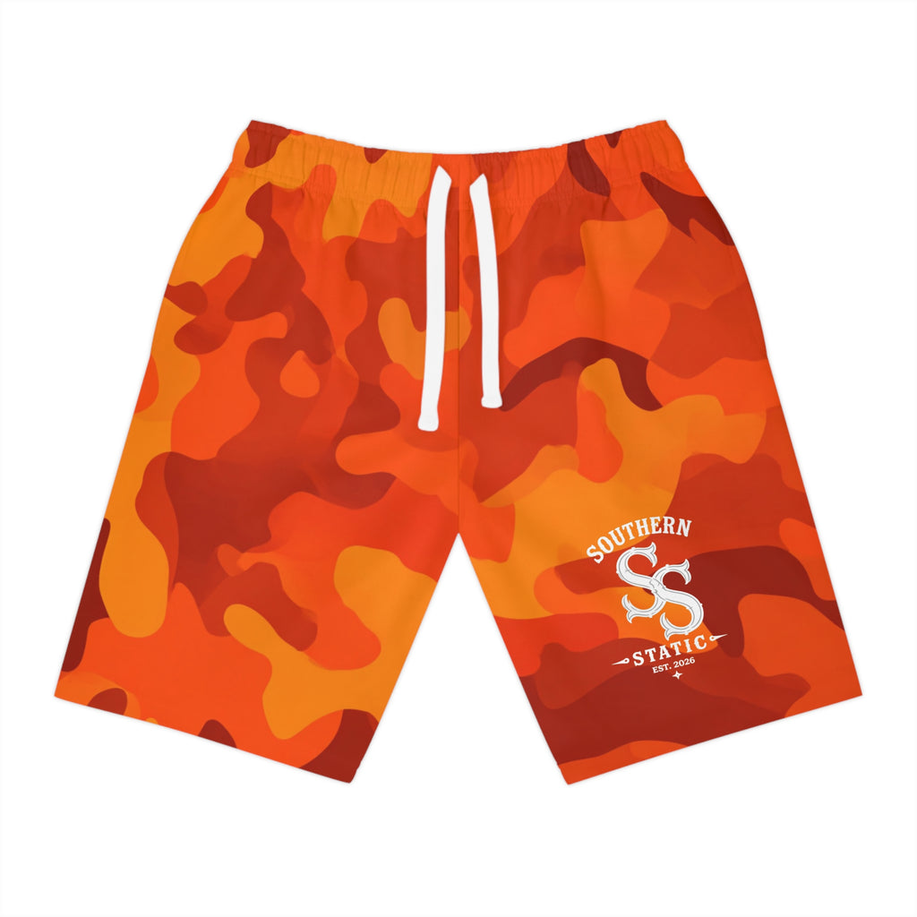 Orange Camo Athletic Long Shorts — Southern Static Logo Performance Beach & Workout Shorts