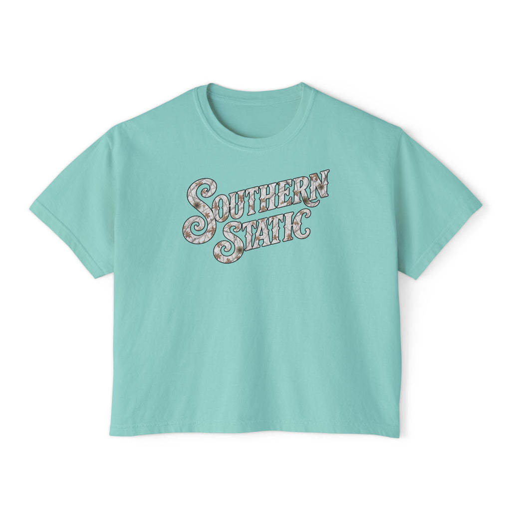 Southern Static Women's Boxy Tee — Retro Script Graphic Crop T-Shirt