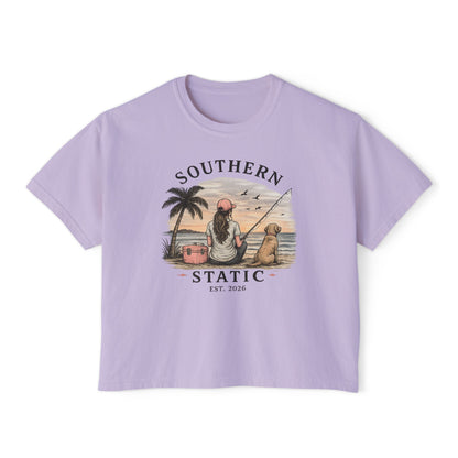 Southern Static Fishing Boxy Tee — Women's Beach Sunset Graphic T-Shirt