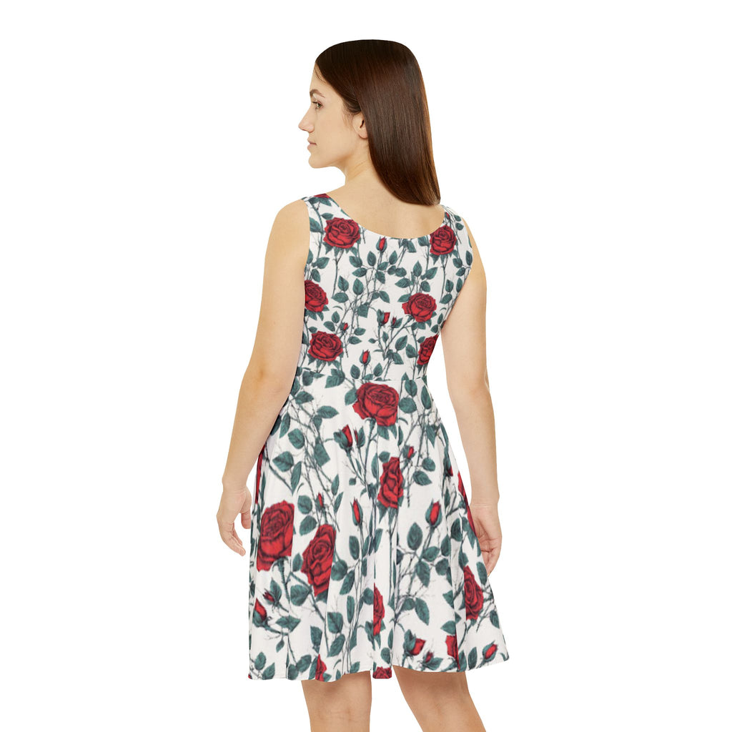 Floral Rose Skater Dress — Red Rose All-Over Print Women's Dress