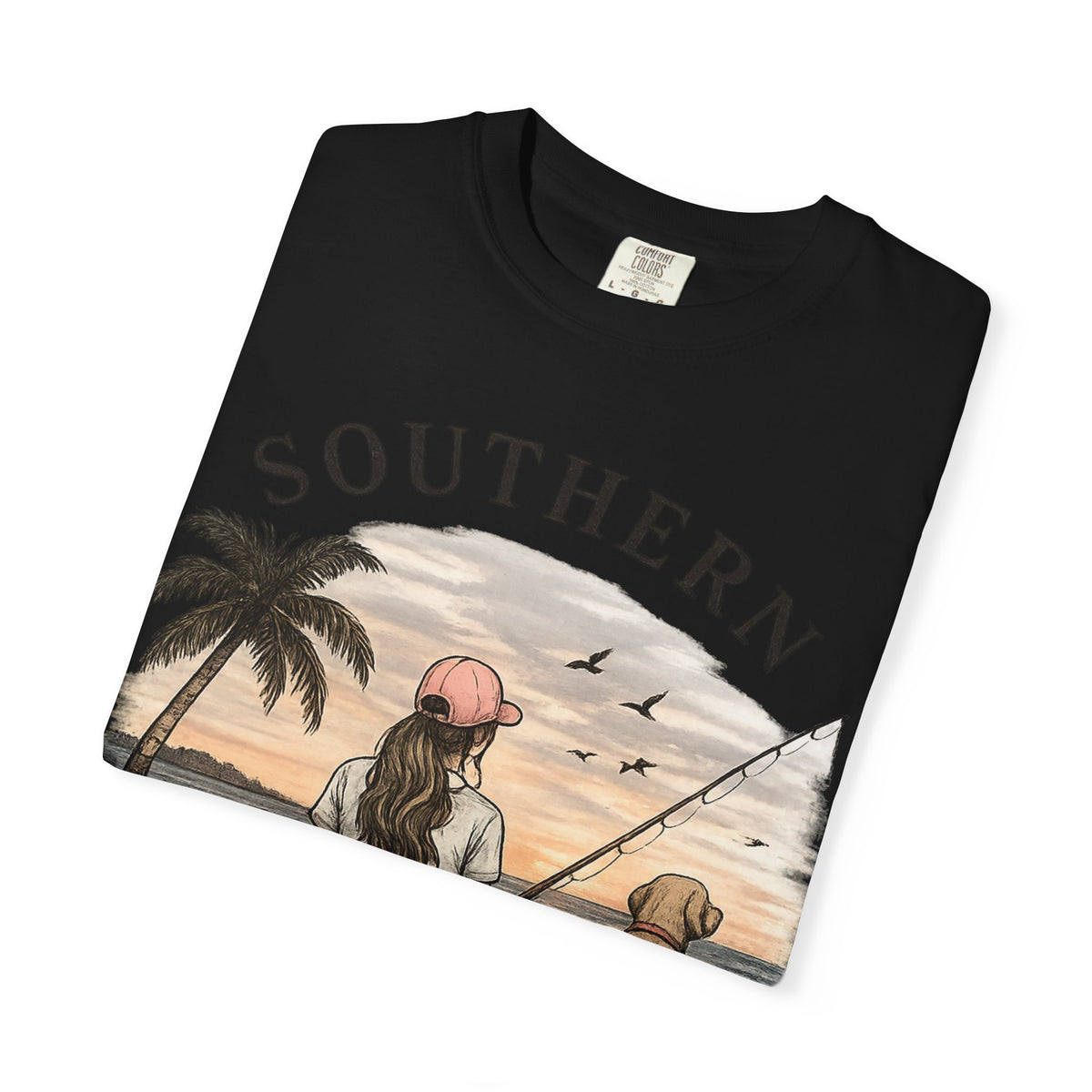 Southern Static Fishing T-Shirt — Woman & Dog Beach Sunset Tee