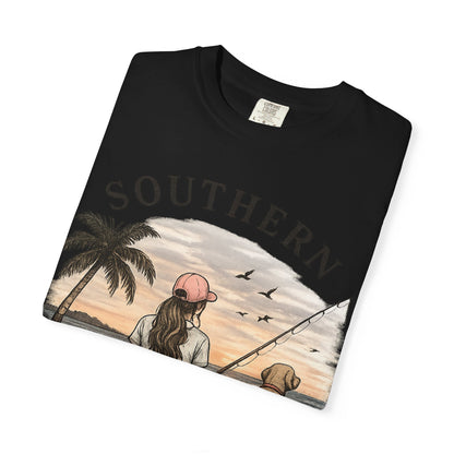 Southern Static Fishing T-Shirt — Woman & Dog Beach Sunset Tee