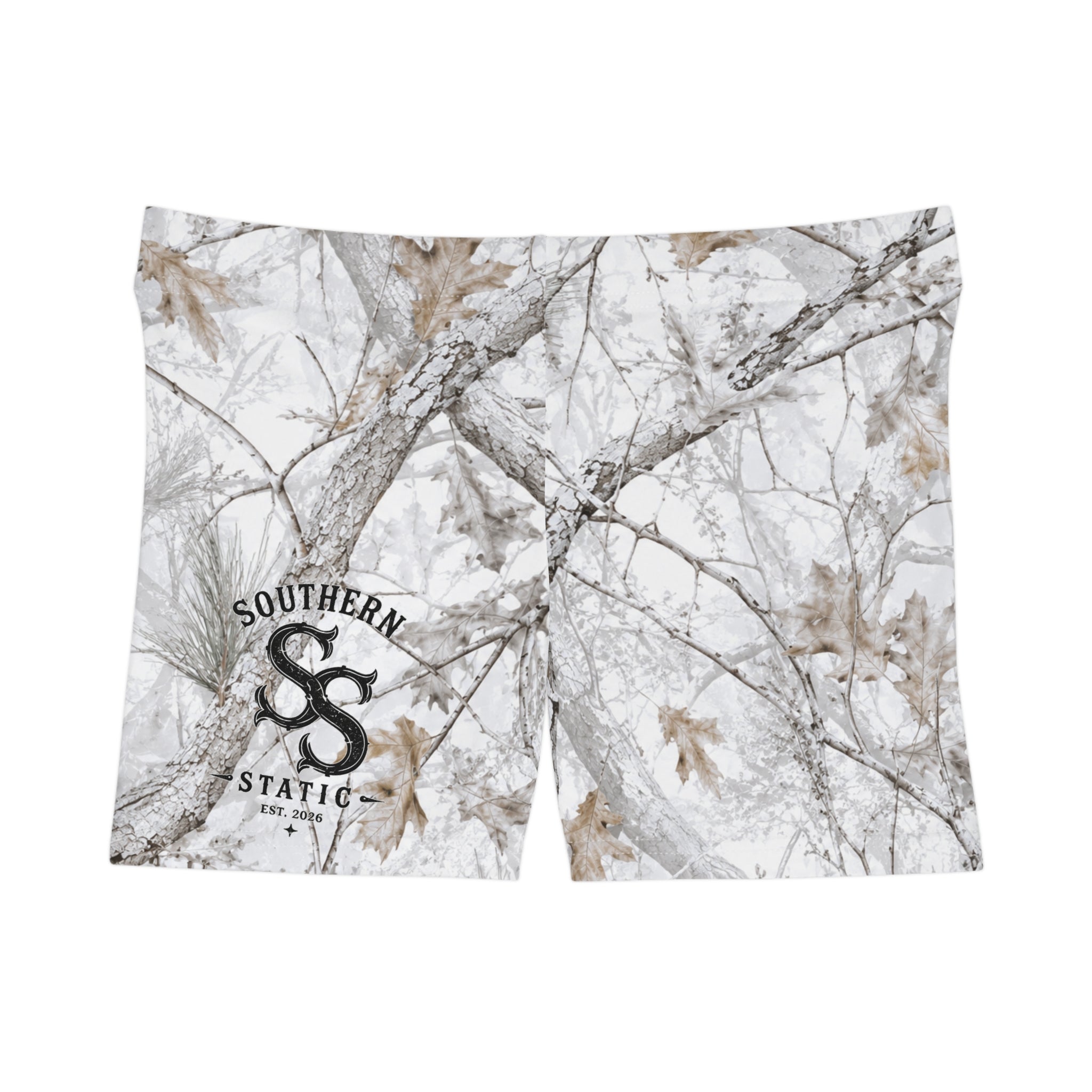 Camo Winter Oak Women's Shorts — Snowy Woodland All-Over Print