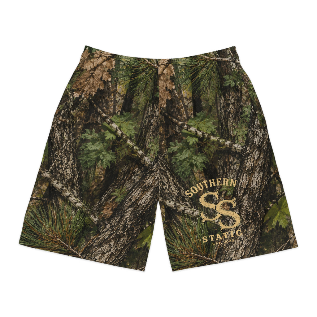 Camo Tree Bark Jogger Shorts — All-Over Forest Camouflage for Outdoorsmen