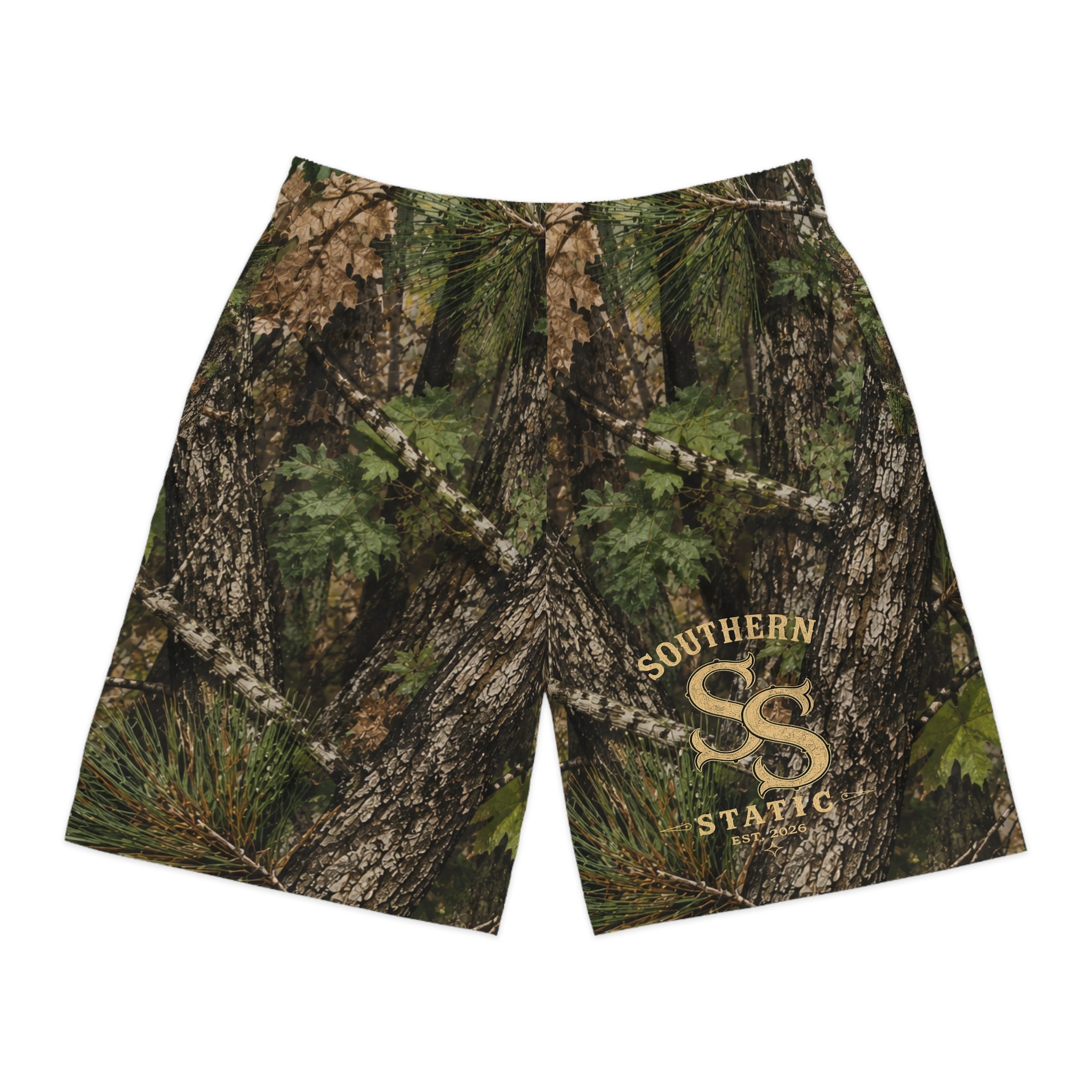 Camo Tree Bark Jogger Shorts — All-Over Forest Camouflage for Outdoorsmen