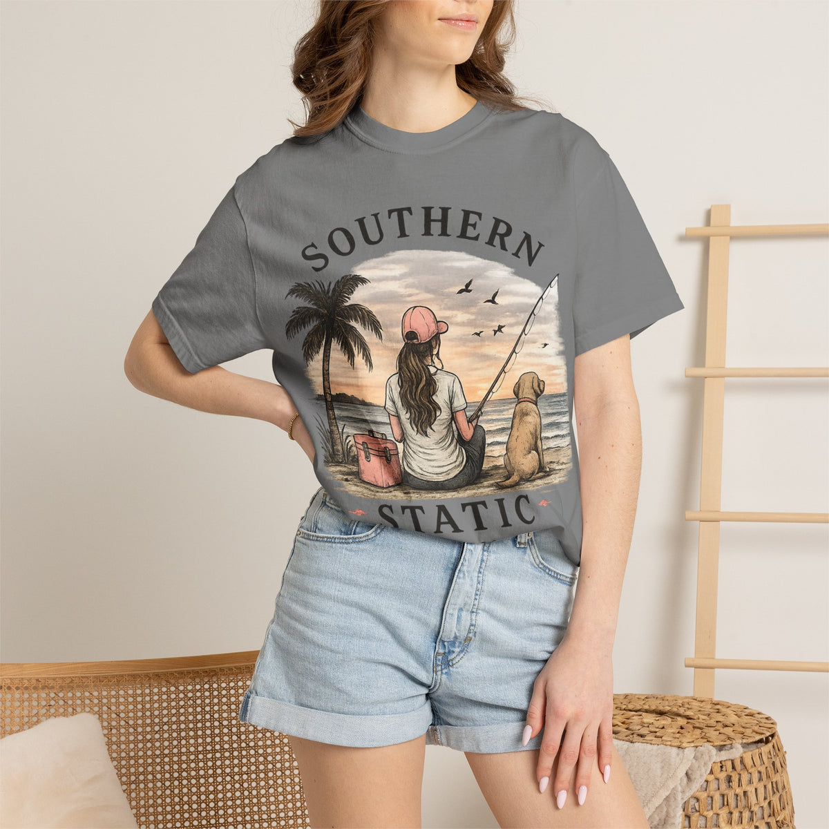 Southern Static Fishing T-Shirt — Woman & Dog Beach Sunset Tee
