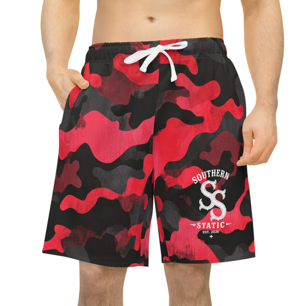 Red Camo Athletic Long Shorts — Southern Static Logo