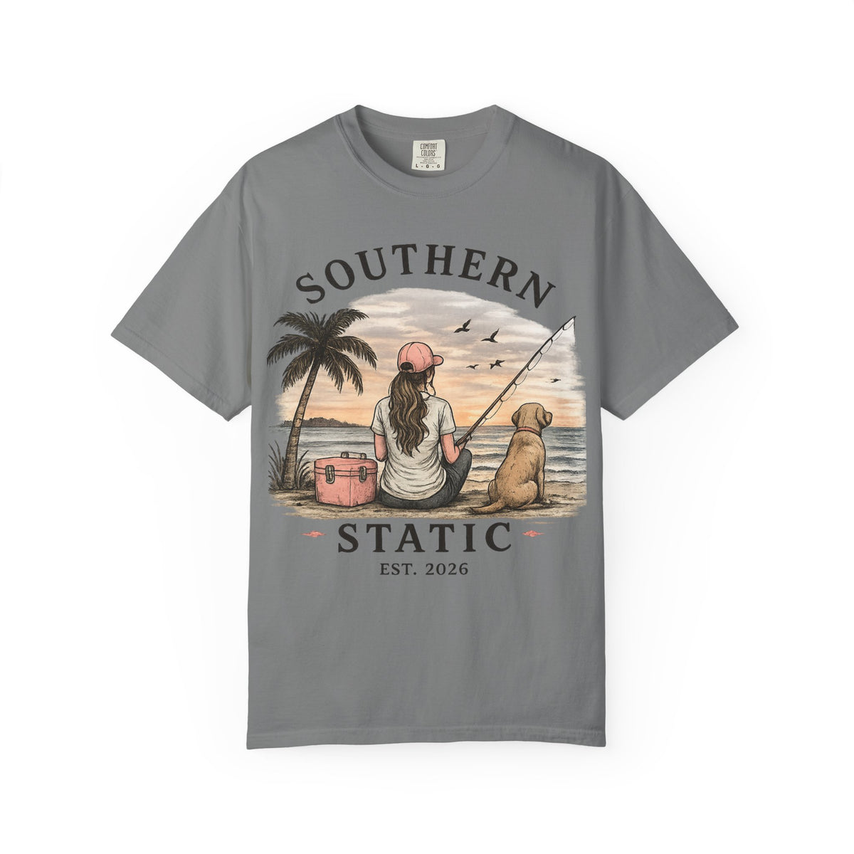 Southern Static Fishing T-Shirt — Woman & Dog Beach Sunset Tee