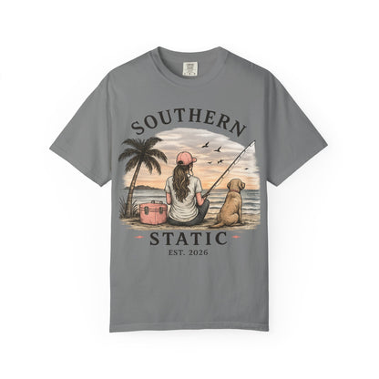 Southern Static Fishing T-Shirt — Woman & Dog Beach Sunset Tee
