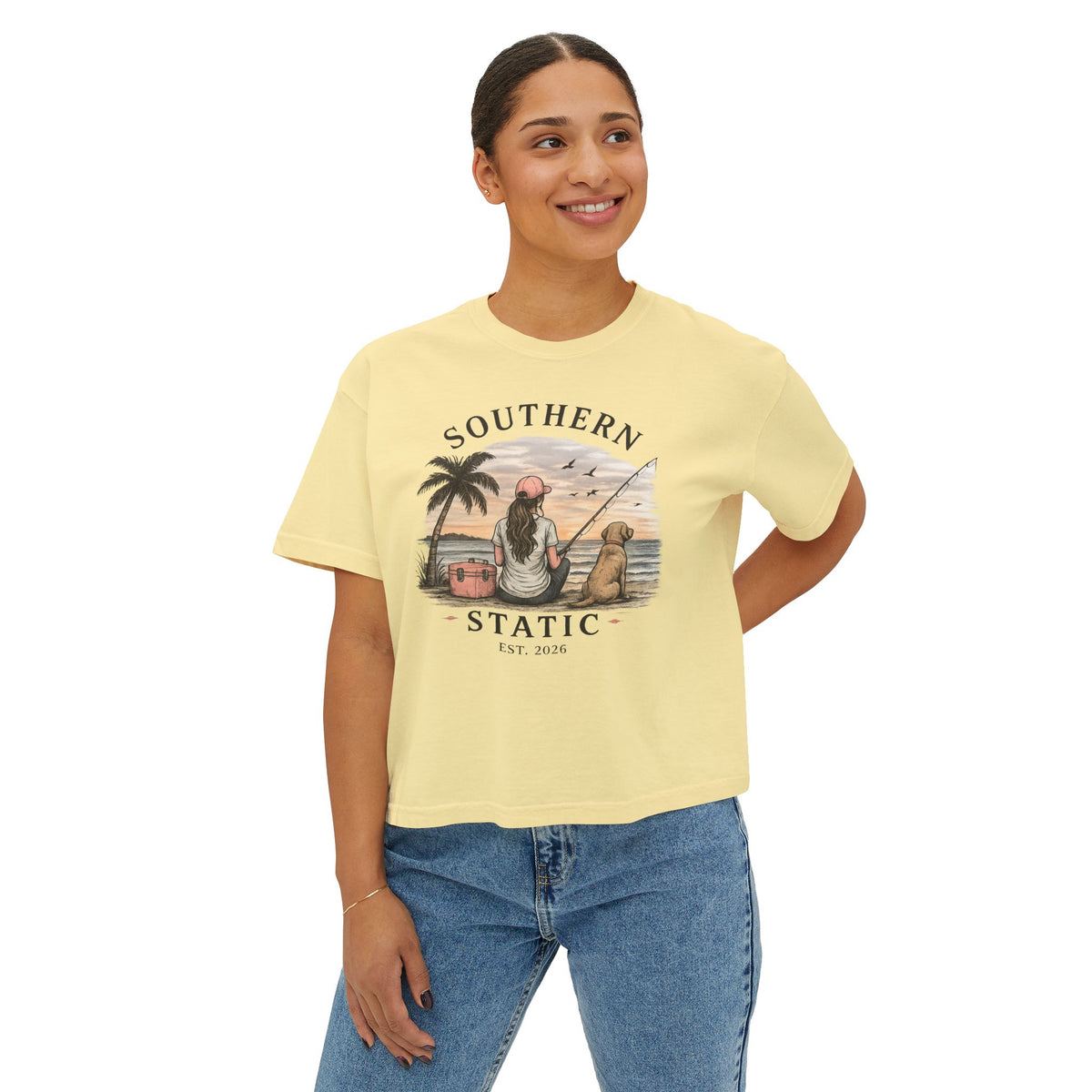Southern Static Fishing Boxy Tee — Women's Beach Sunset Graphic T-Shirt