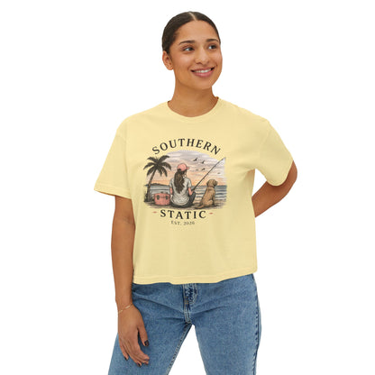 Southern Static Fishing Boxy Tee — Women's Beach Sunset Graphic T-Shirt