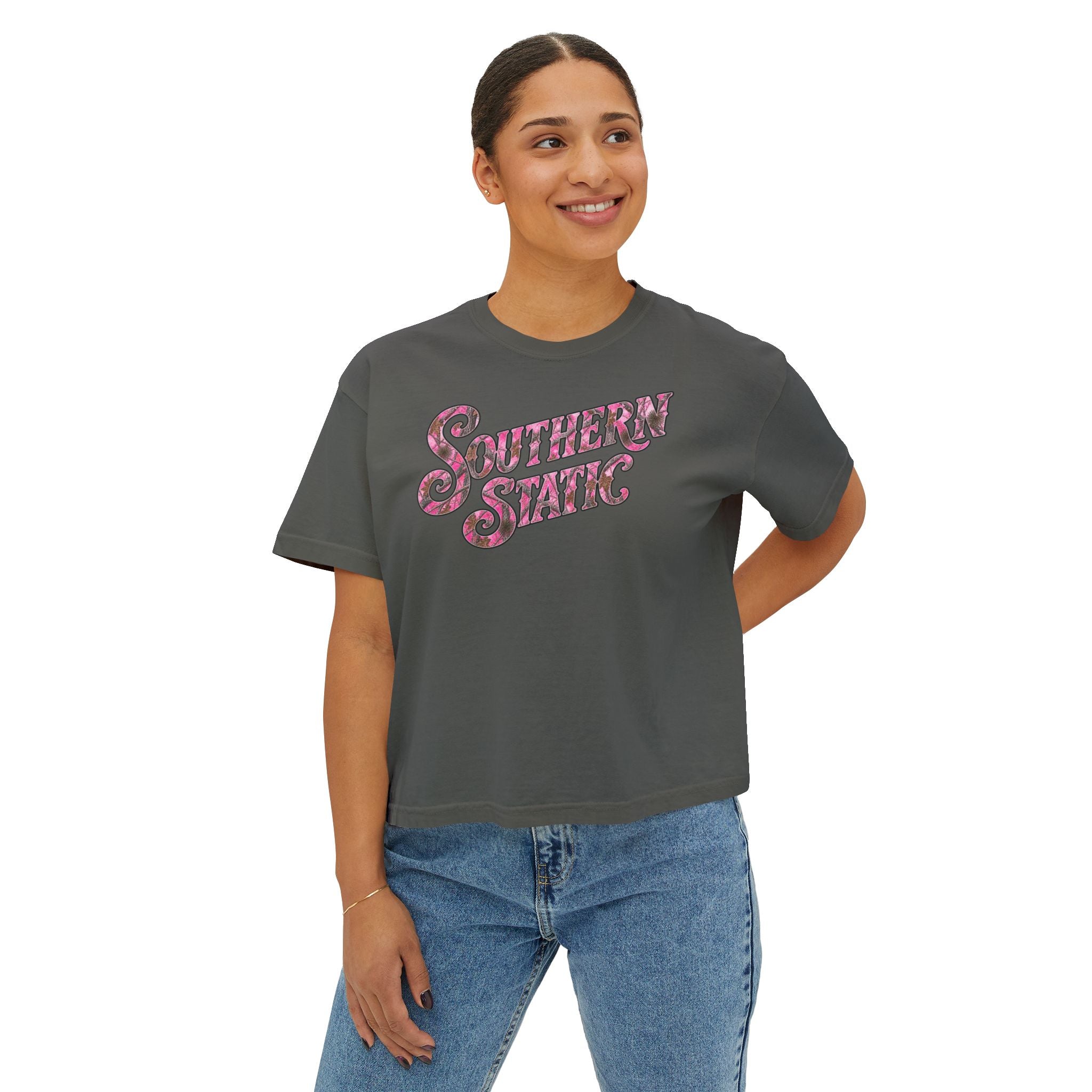 Southern Static Camo Boxy Tee — Women's Cropped Graphic T-Shirt