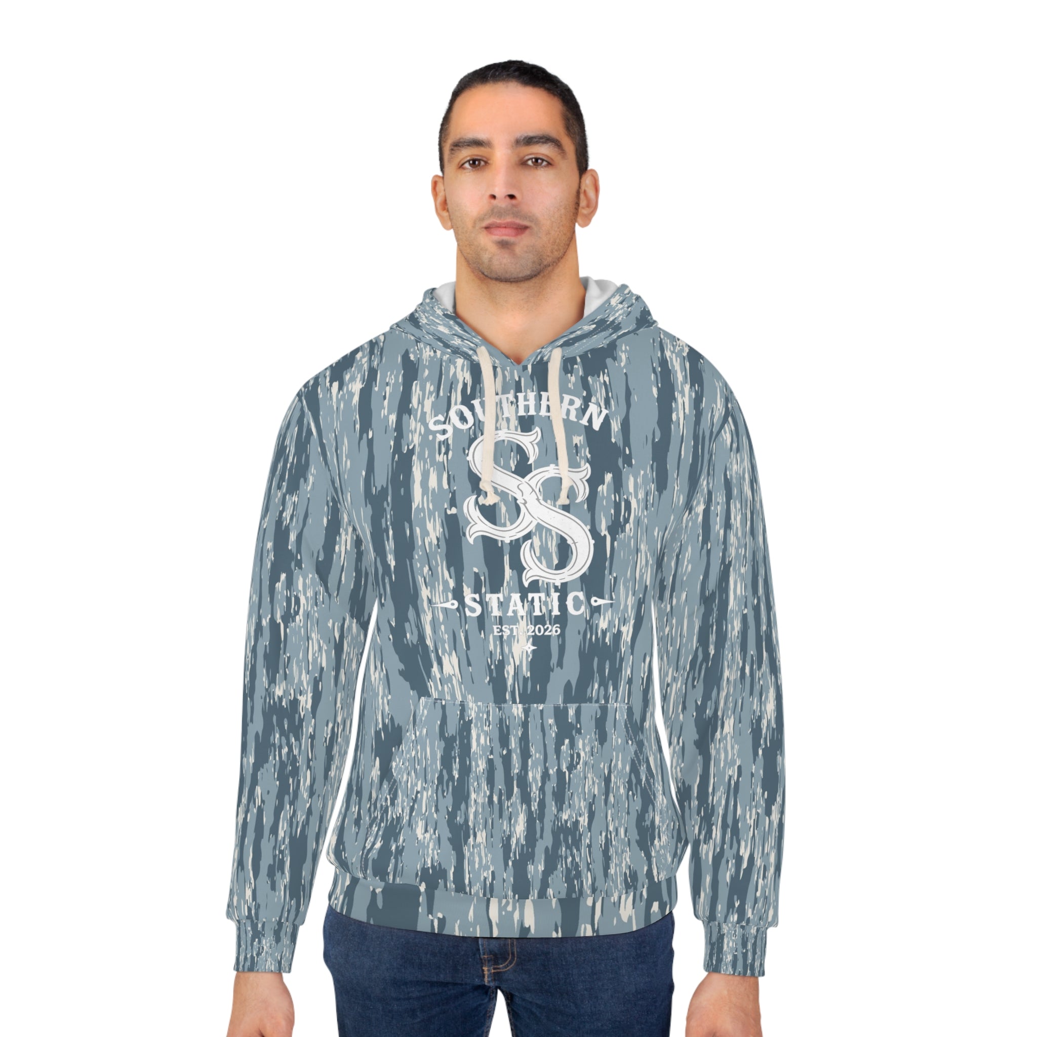 Camo Blue All-Over Print Hoodie — Southern Shackle Logo